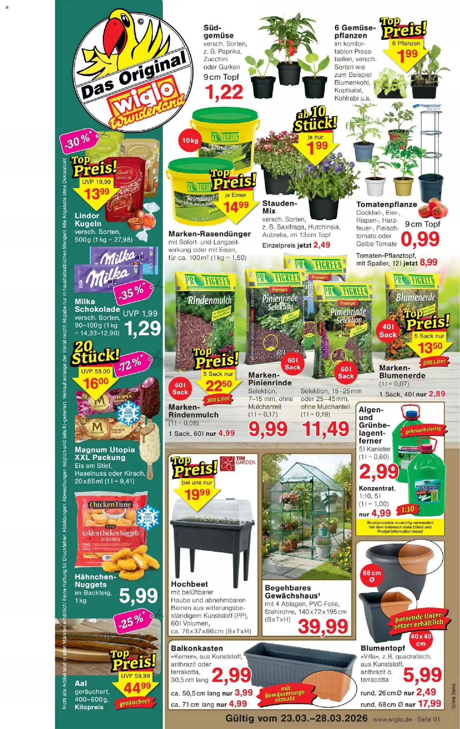 Vorschau von dem Prospekt des Geschäftes Wiglo Wunderland, gültig ab dem 23.03.2026 - Eis, Hochbeet, Kohlrabi, Rindenmulch, Eier, Milka, Blumentopf, Hahnchen
