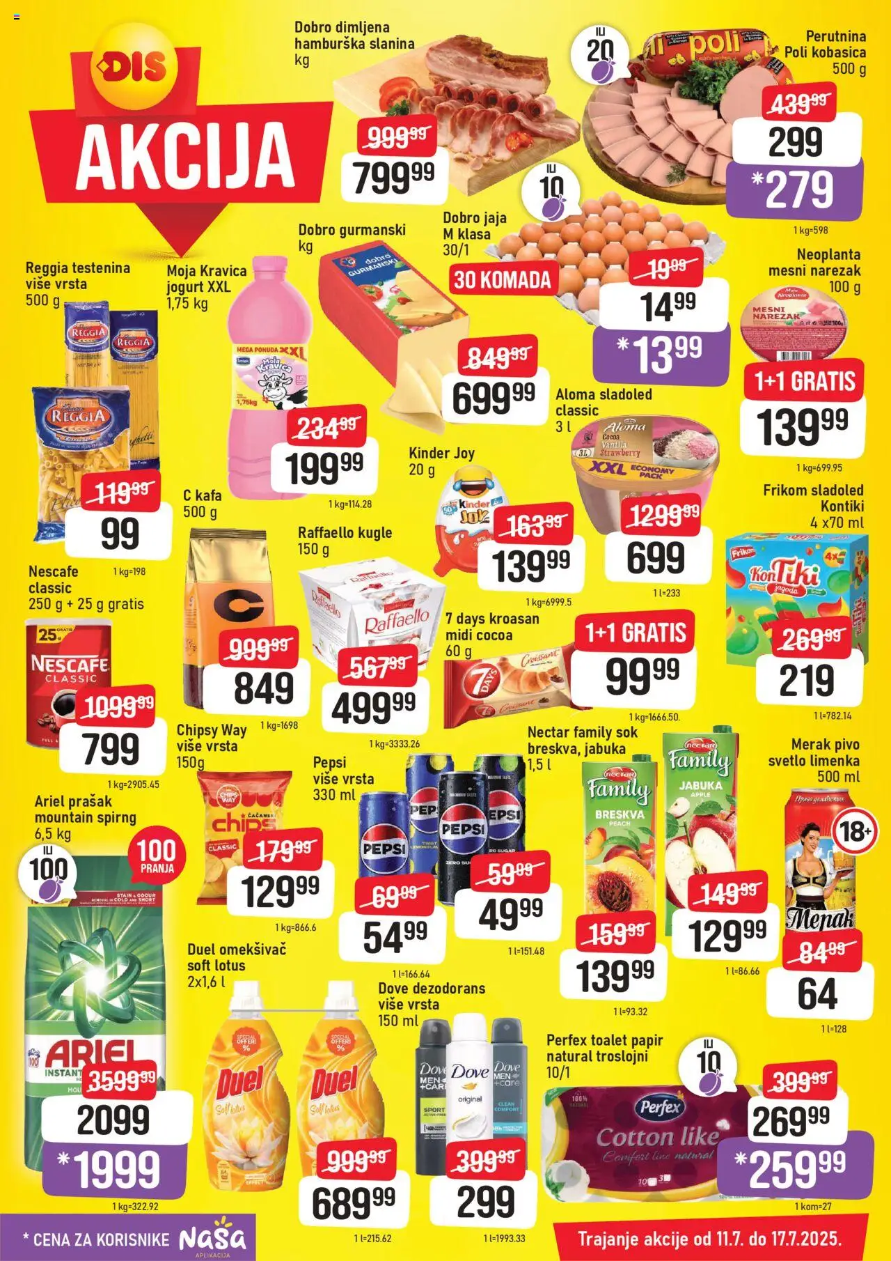 DIS katalog važi od 11.07.2025 - stranica 1 - Pivo, Nescafé, Breskva, Jogurt, Dove, Kobasica, Toalet papir, Mesni narezak