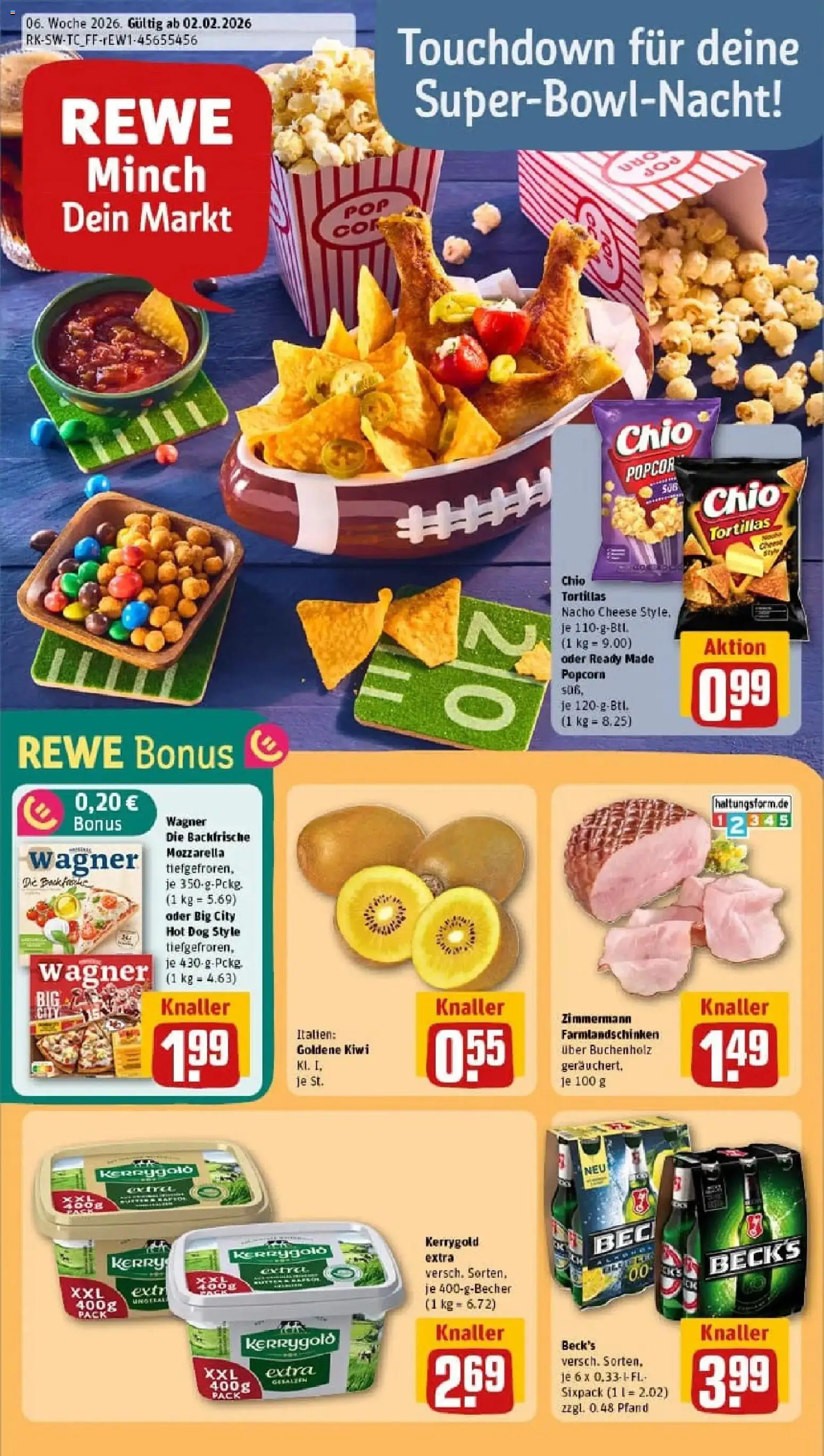 Vorschau von dem Prospekt des Geschäftes Rewe, gültig ab dem 02.02.2026 - Pizza, Butter, Kiwi, Tortillas, Mozzarella, Popcorn, Chio tortillas