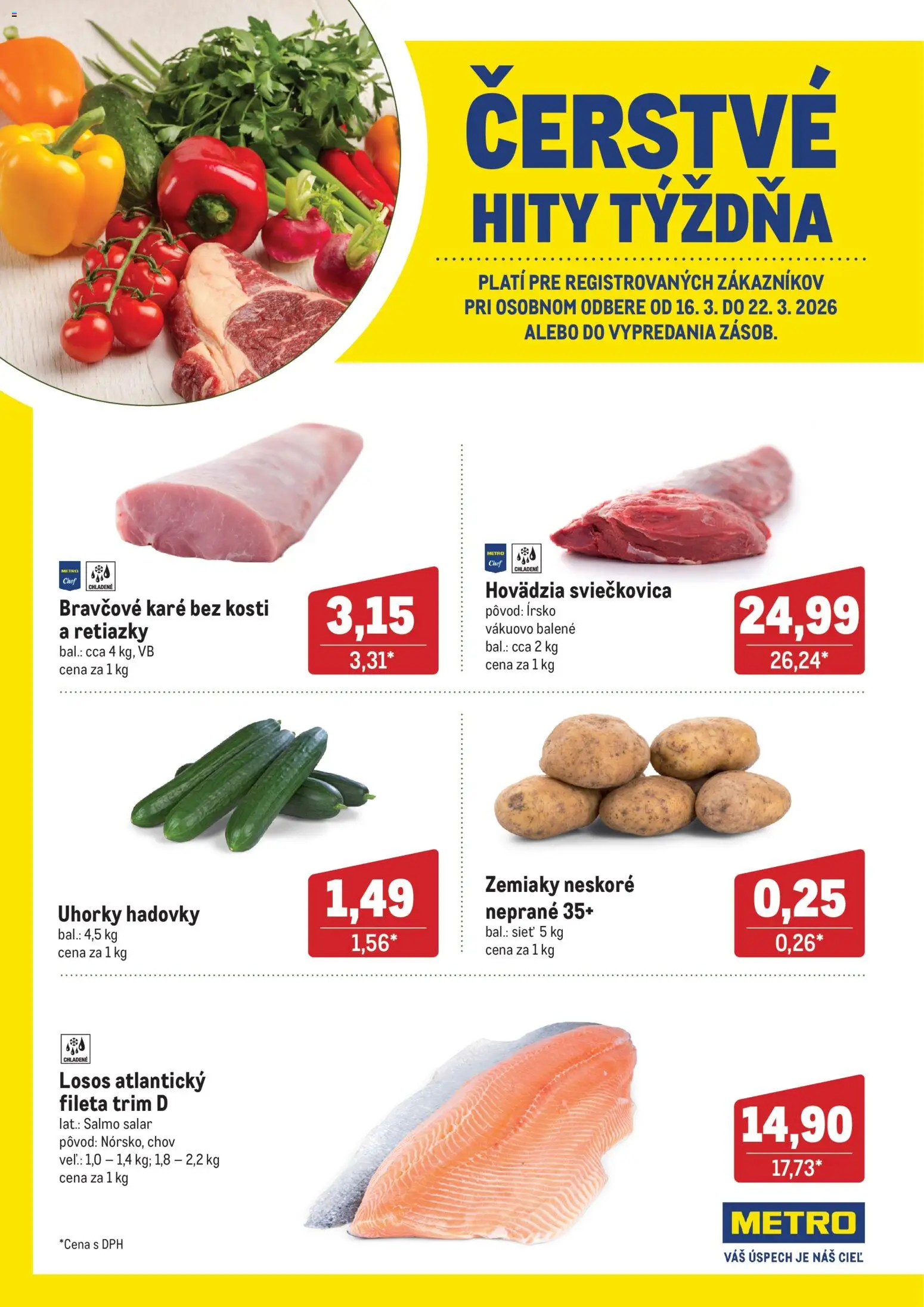 Náhľad Metro letáku platného od 16.03.2026 - Losos, Bravčové karé, Zemiaky, Uhorky