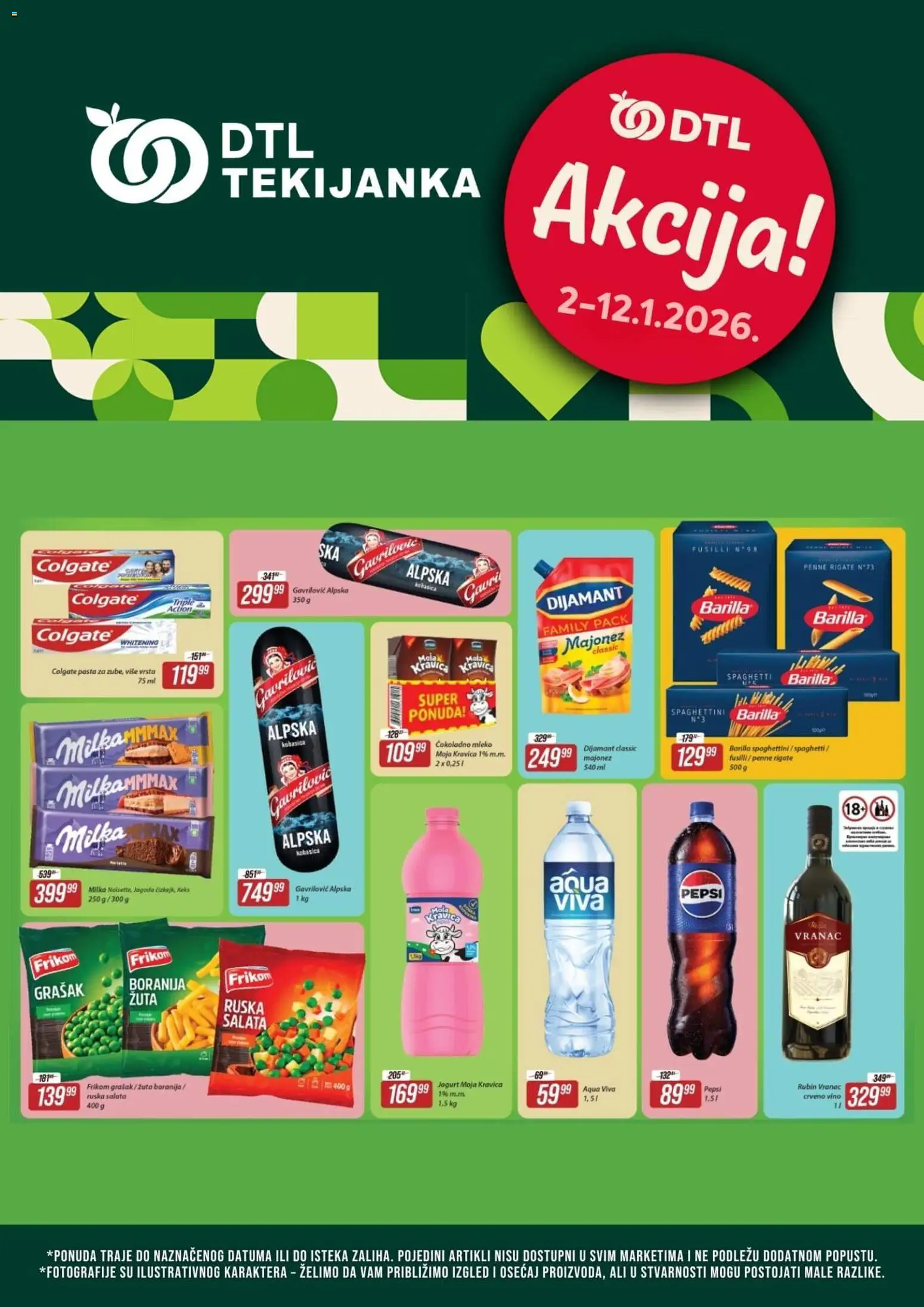 Pregled Tekijanka kataloga - važi od 02.01.2026 - Pasta, Grašak, Vino, Keks, Pepsi, Moja kravica, Kobasica, Colgate