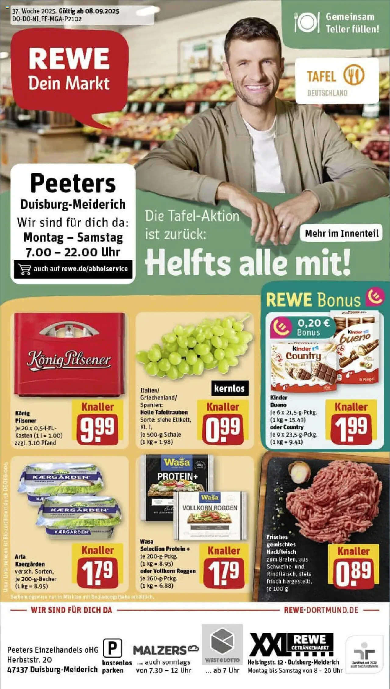 REWE Prospekt ab 07.09.2025 nächste Woche - Prospekt Duisburg - Uhr, Hackfleisch, Kinder bueno, Konig pilsener