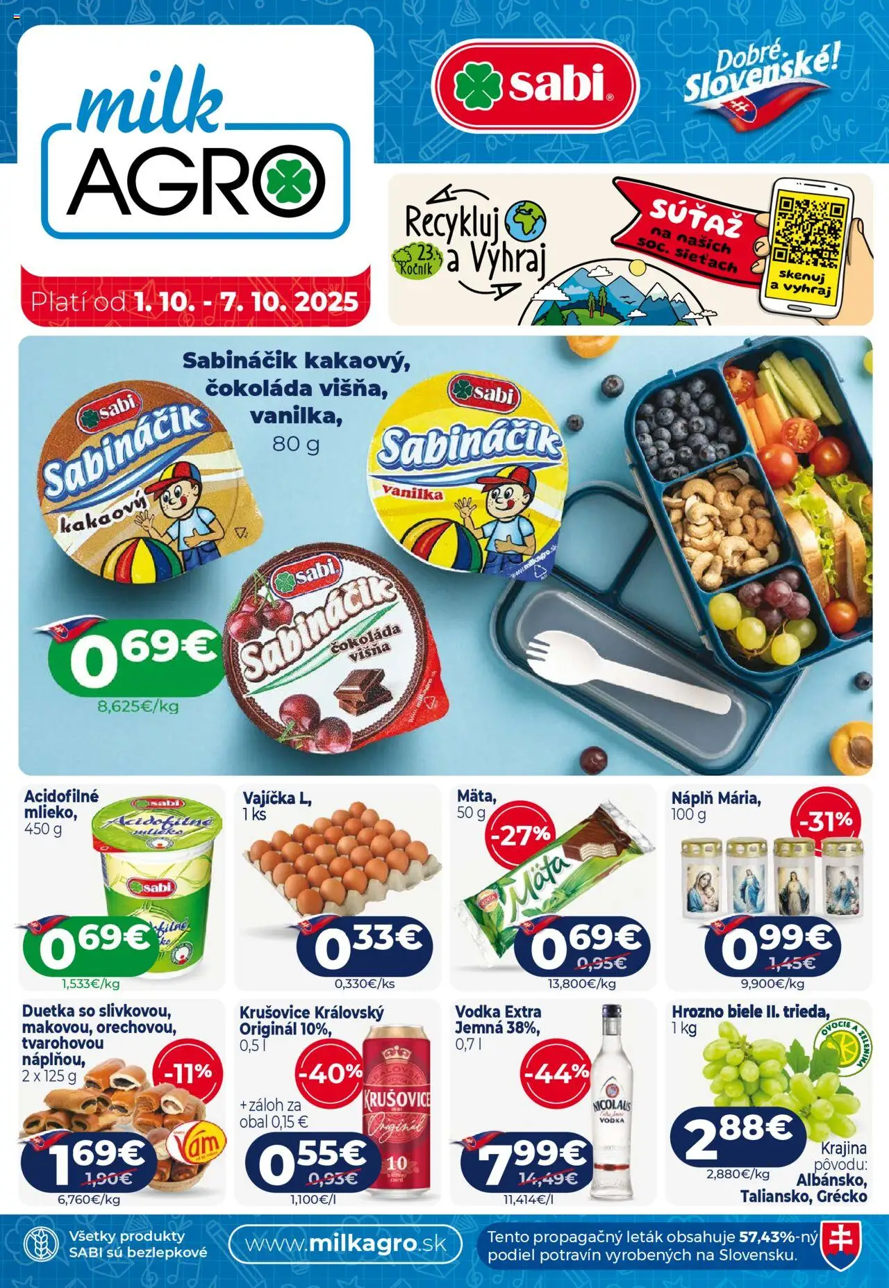 Milk Agro Leták (01.10. - 07.10.2025) - Akčná ponuka - Čokoláda, Vodka, Hrozno, Vanilka, Krušovice