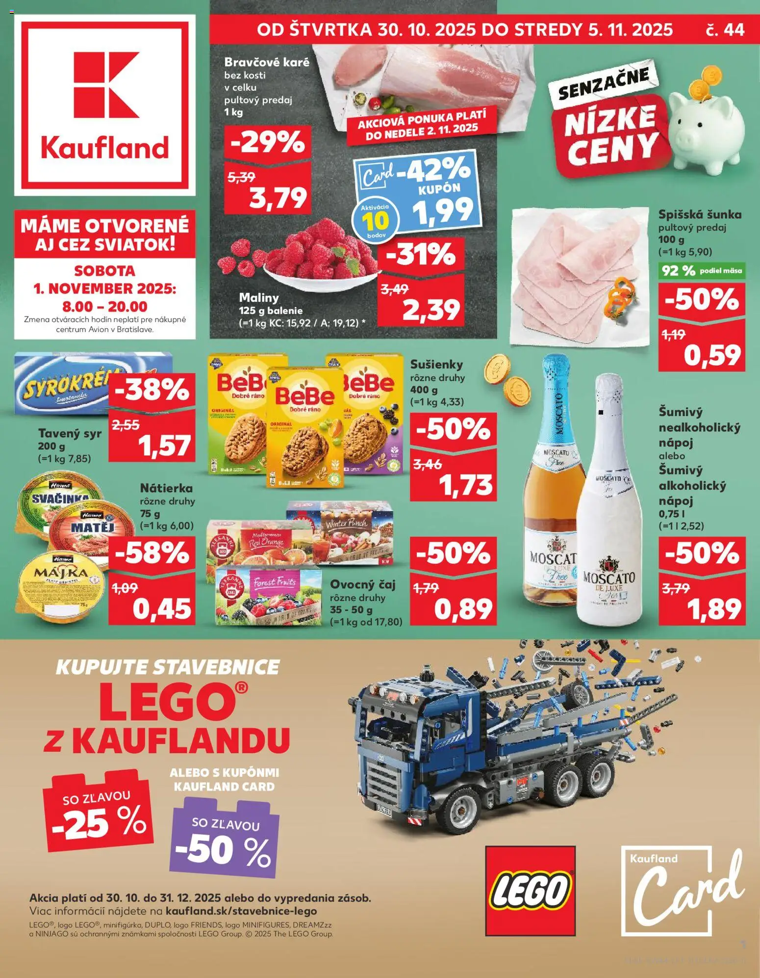 Náhľad Kaufland letáku platného od 30.10.2025 - LEGO, Syr, Bravčové karé, Čaj, Šunka, Nátierka, Sušienky, LEGO stavebnice