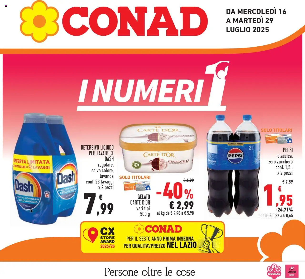 Volantino Conad valido da 16/07/2025 numero di pagina 1 - Gelato, Zucchero, Lavatrice, Lavanda, Stracciatella, Pepsi