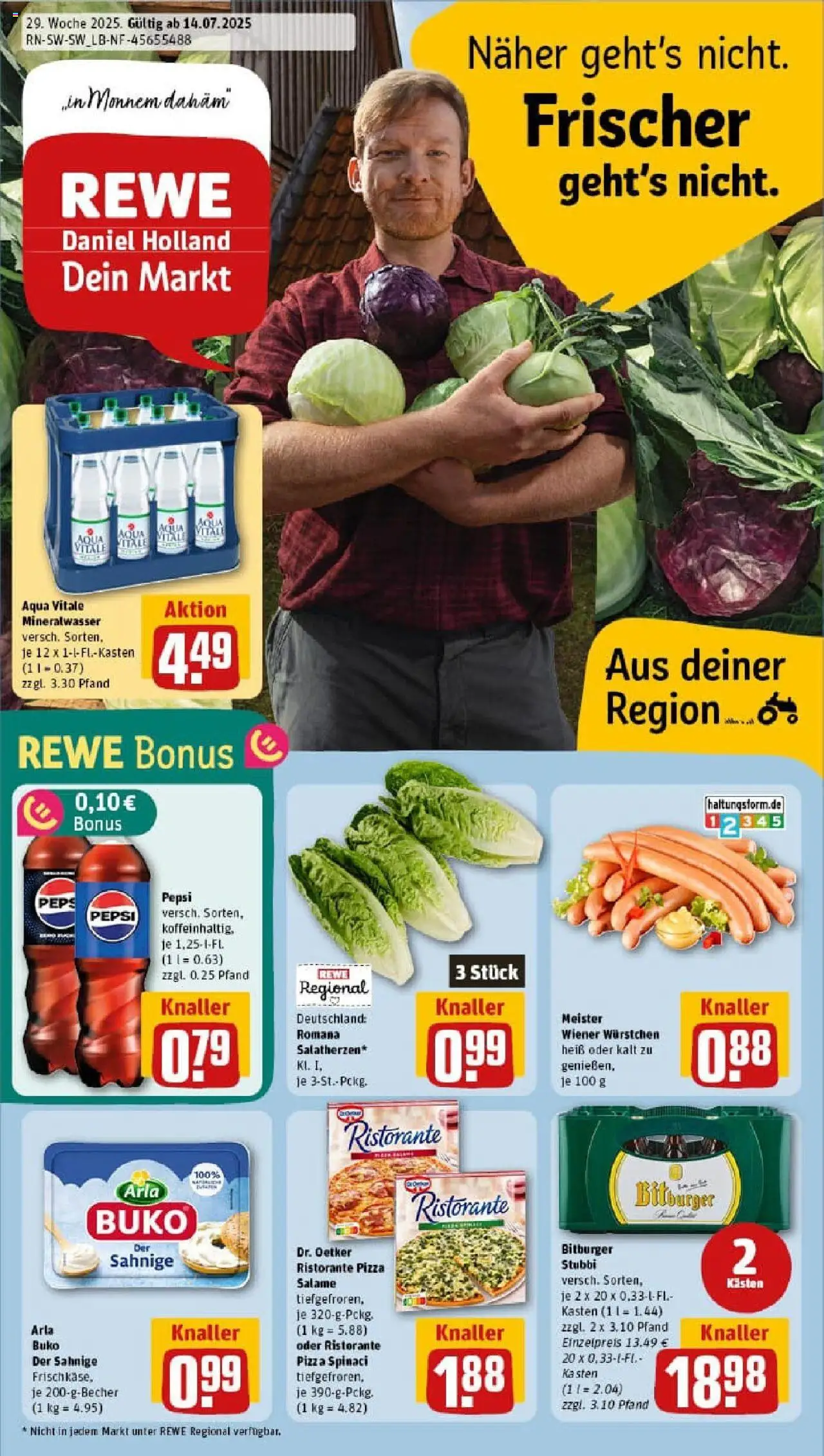 REWE Prospekt ab 13.07.2025 nächste Woche - Prospekt Mannheim / Waldhof - Pizza, Mineralwasser, Ristorante, Bitburger, Pepsi, Arla buko, Wiener wurstchen