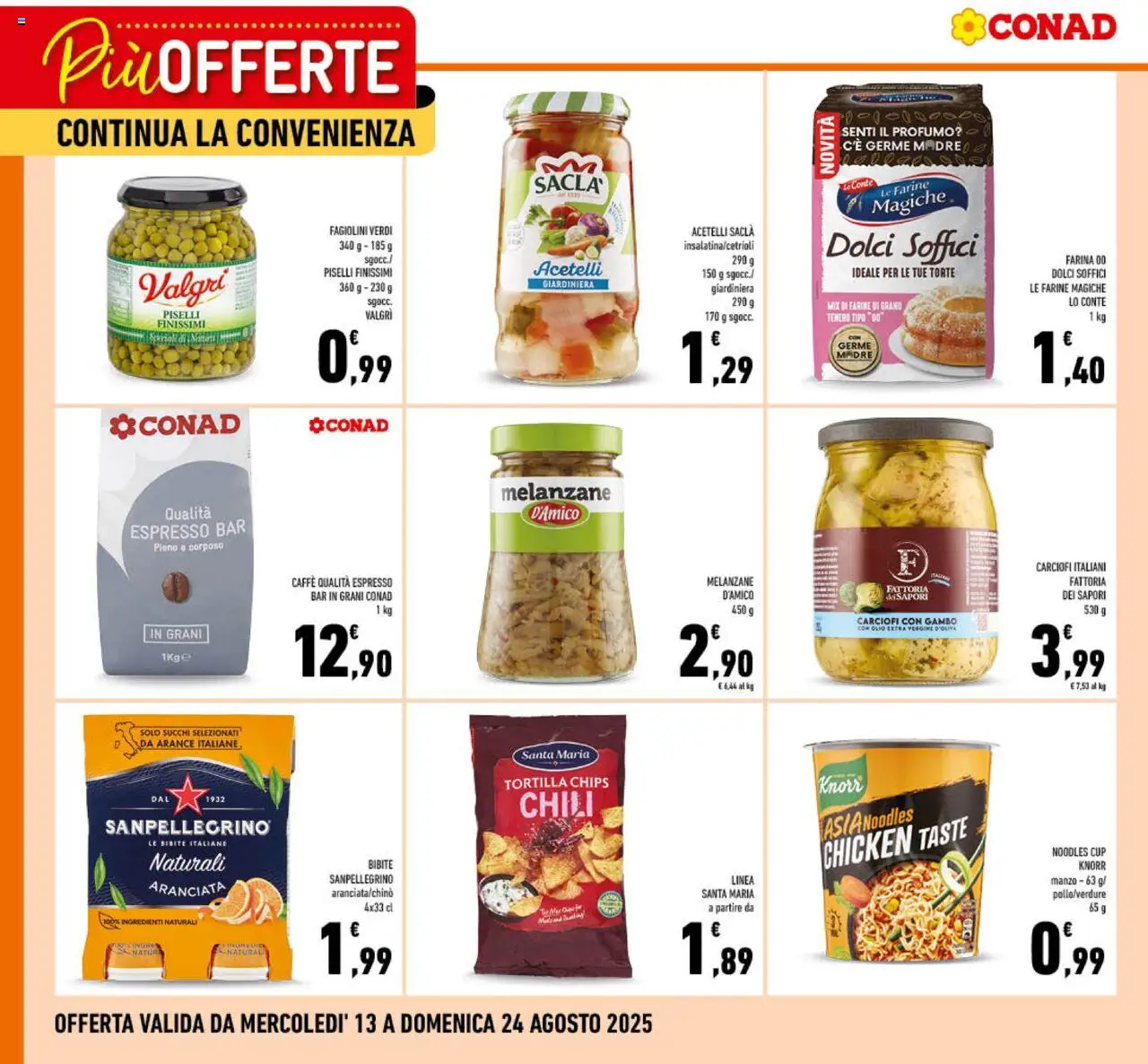 Volantino Conad valido da 13/08/2025 numero di pagina 1 - Caffè, Carciofi, Dolci, Profumo, Fagiolini, Ingredienti, Bibite, Olio extra vergine