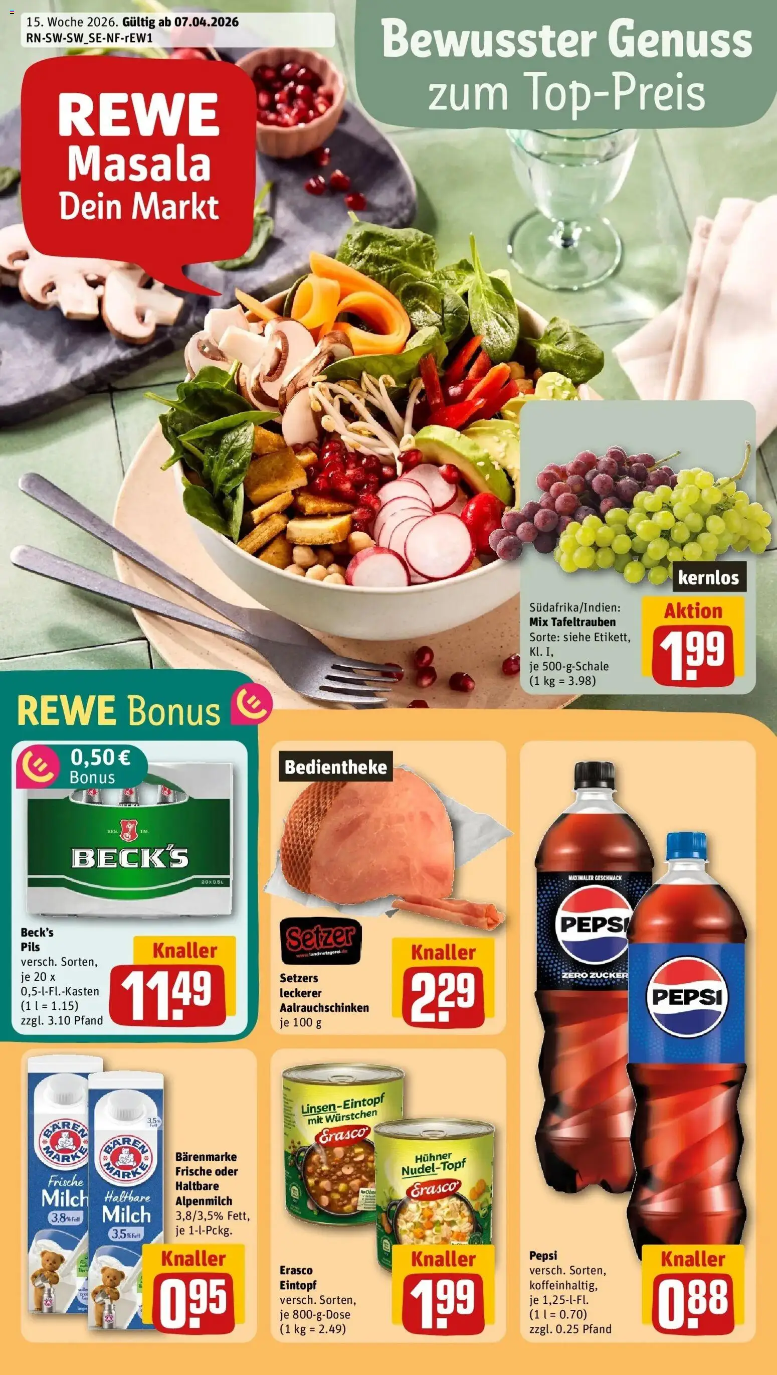 Vorschau von dem Prospekt des Geschäftes Rewe, gültig ab dem 05.04.2026 - Milch, Zucker, Pepsi, Pils, Erasco