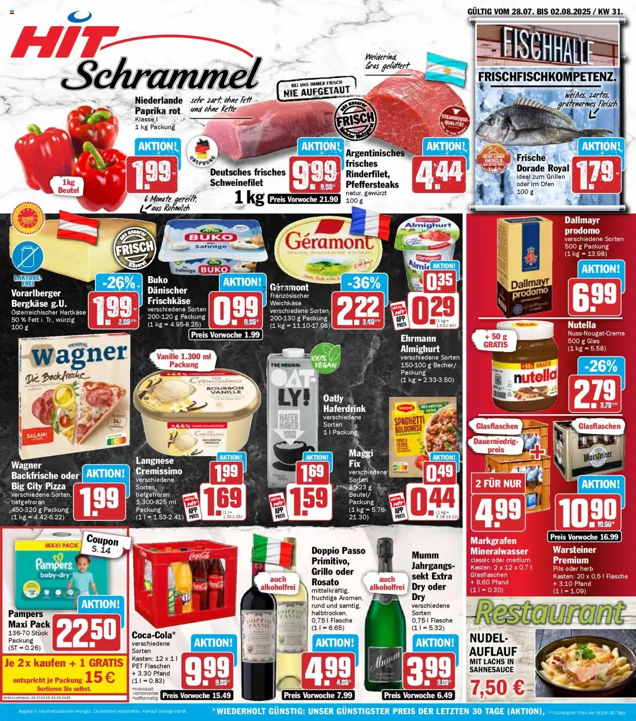 HIT Prospekt ab 28.07.2025 nächste Woche > Baden-Württemberg - Pizza, Lachs, Warsteiner, Pampers, Paprika, Dorade, Pils, Cremissimo