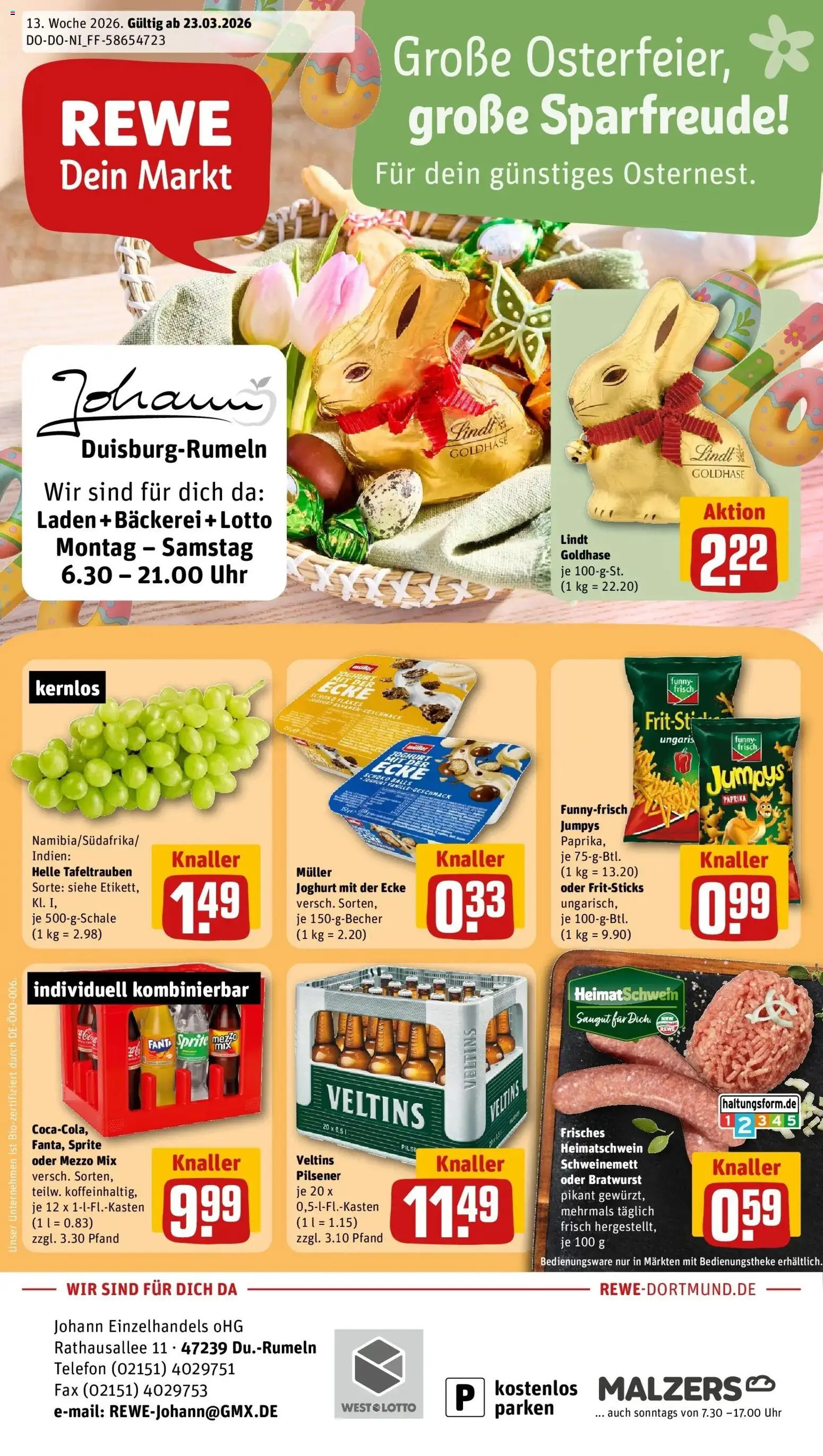 Vorschau von dem Prospekt des Geschäftes Rewe, gültig ab dem 23.03.2026 - Bäckerei, Uhr, Telefon, Paprika, Fanta, Vanille, Mezzo mix, Oder mezzo mix