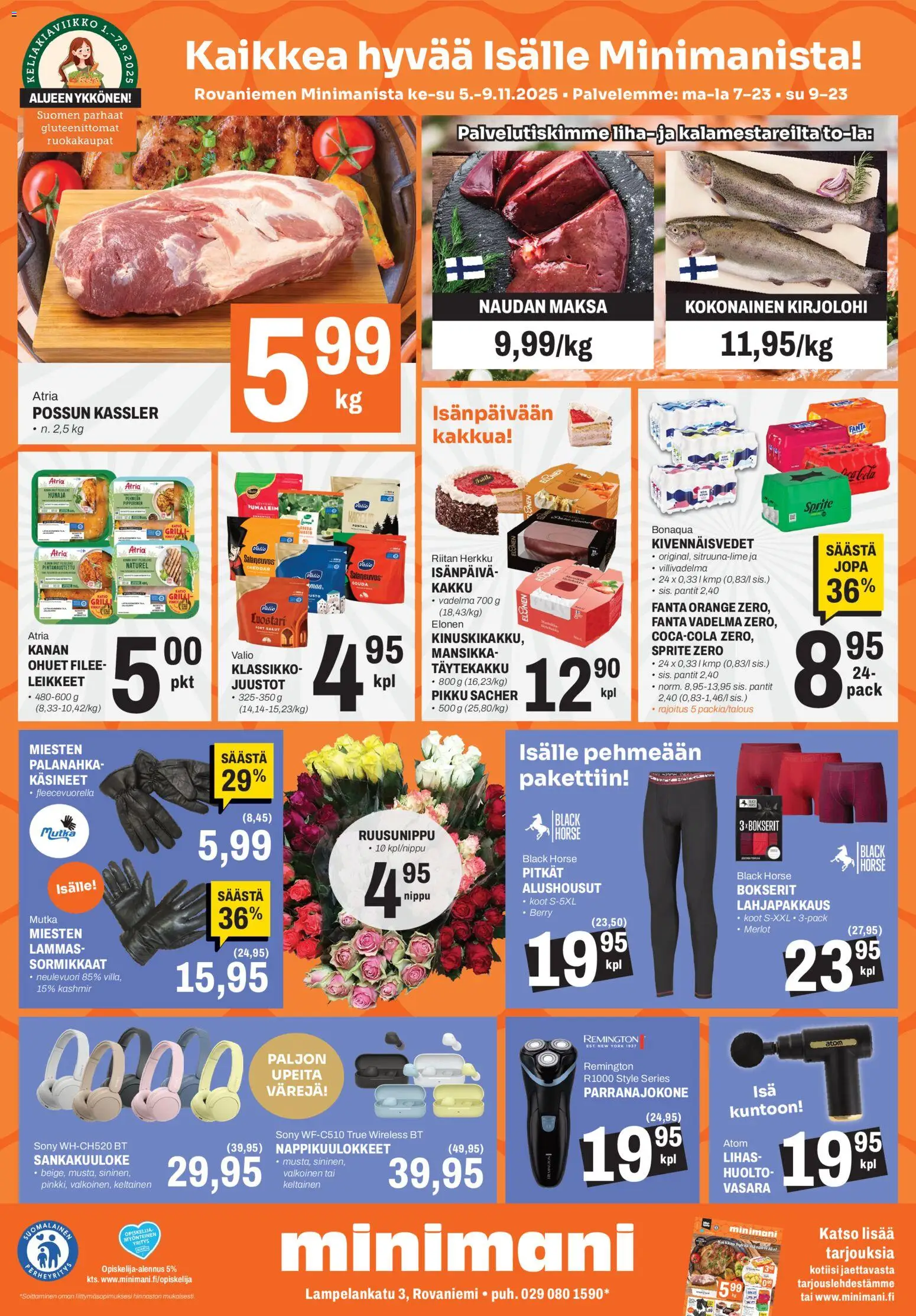 Kaupan Minimani Tarjoukset - Rovaniemi esikatselu, voimassa 05/11/2025 - Kakku, Vadelma, Hunaja, Sprite, Bokserit, Vasara, Cheddar, Käsineet