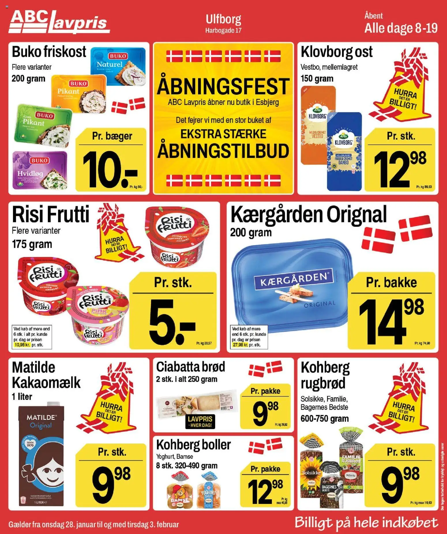 Eksempel på tilbudsavis Ulfborg fra butik Abc Lavpris gyldig fra 28/01/2026 - Brød, Rugbrød, Ost, Yoghurt, Hvidløg, Kakaomælk