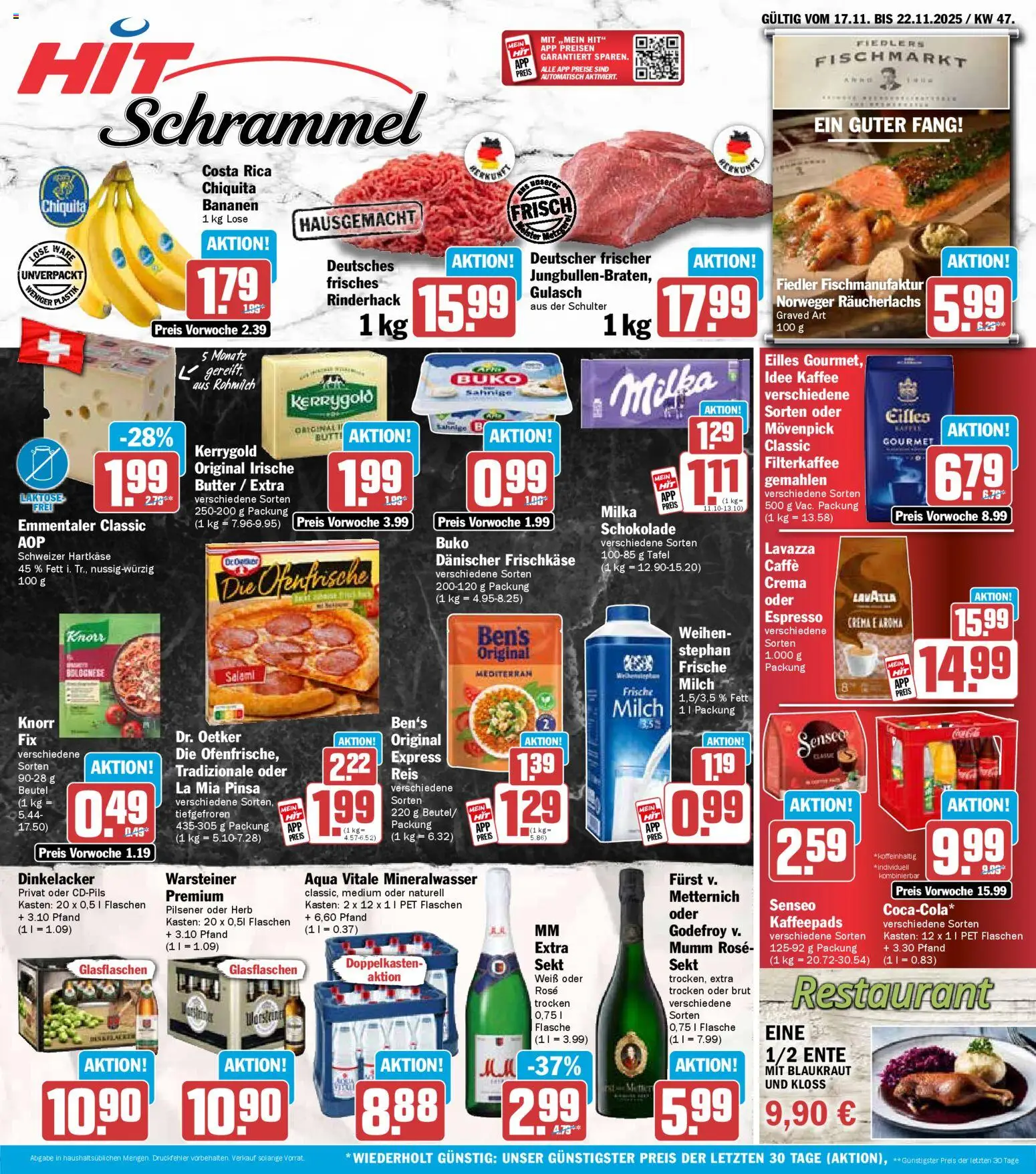 Vorschau von dem Prospekt des Geschäftes HIT, gültig ab dem 17.11.2025 - Butter, Gulasch, Bananen, Reis, Senseo, Sekt, Knorr, Räucherlachs