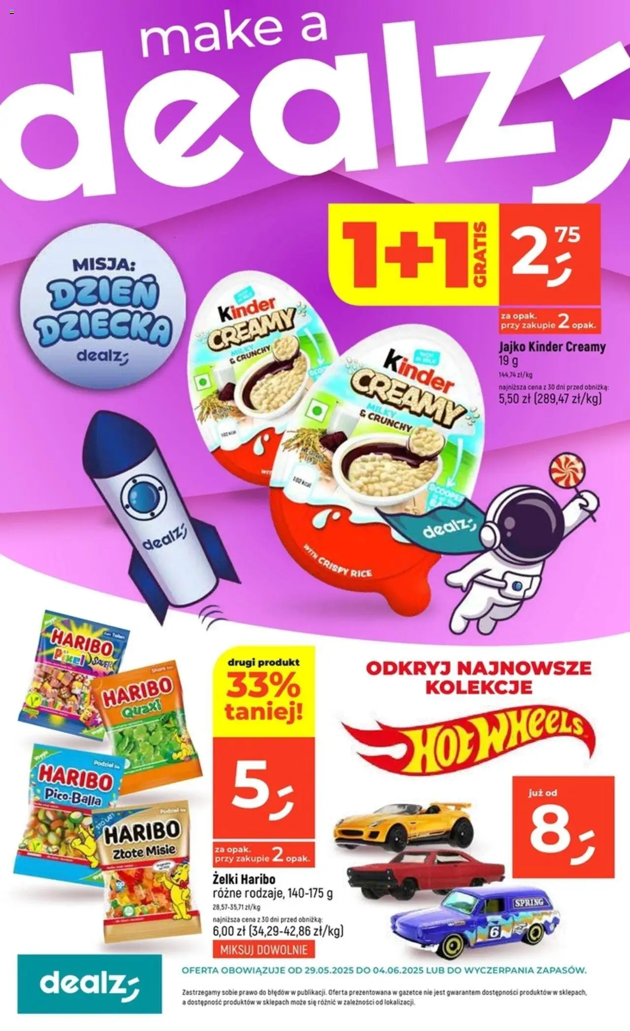 Dealz Gazetka od 29.05.2025 - Nowa Gazetka - Numer strony 1 - Żelki, Żelki haribo, Kinder jajko, Hot wheels