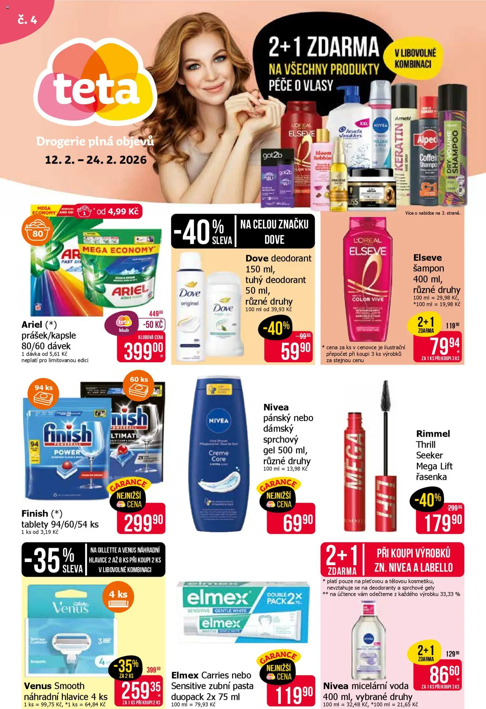 Náhled nabídky: TETA Drogerie Leták platný od 12.02.2026 - Drogerie, Voda, Ariel, Deodorant, Sprchový gel, Šampon, Dove, Řasenka