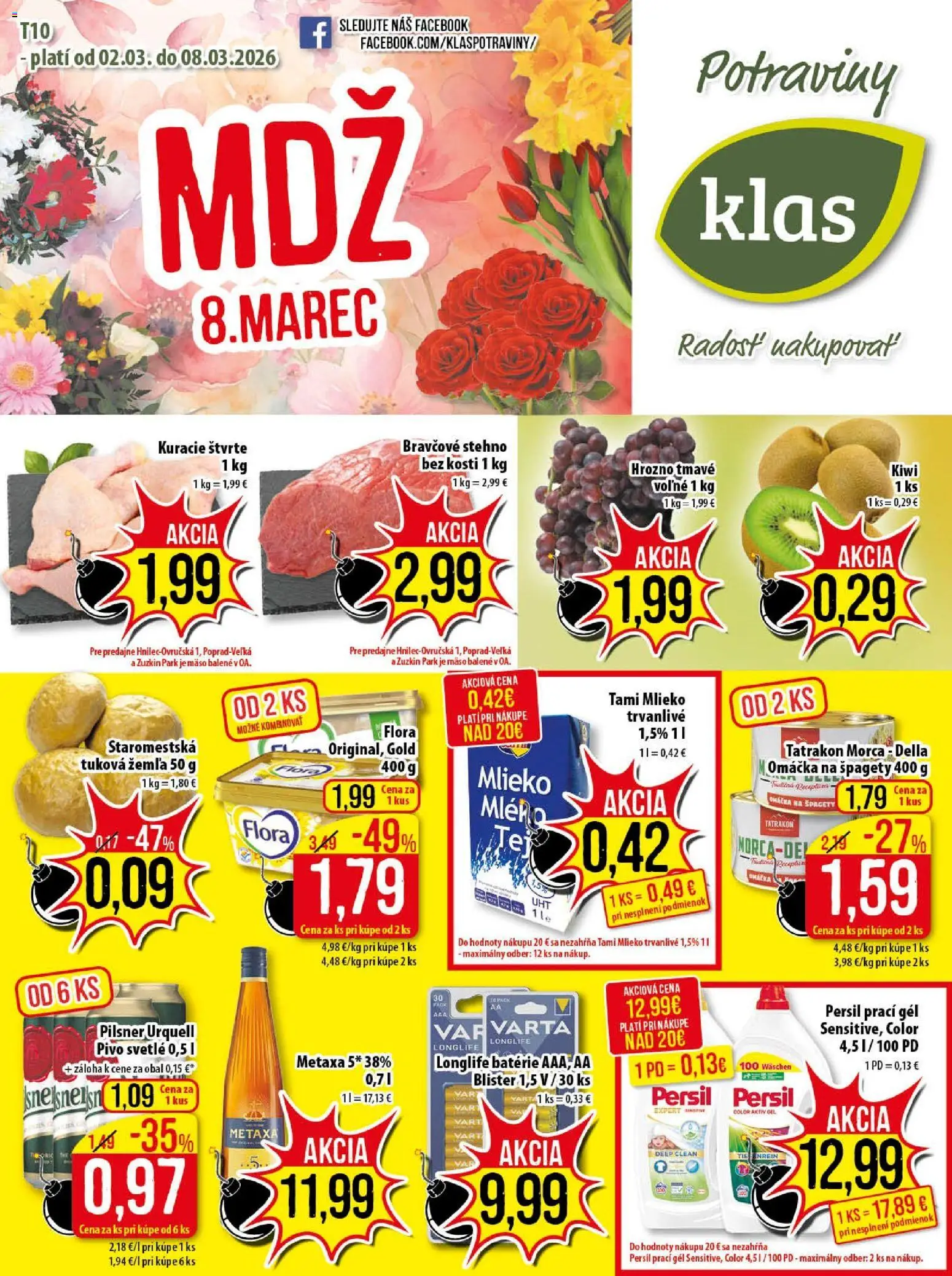 Náhľad Klas letáku platného od 02.03.2026 - Špagety, Mlieko, Flora, Metaxa, Morca Della, Persil, Prací gél, Metaxa 5*