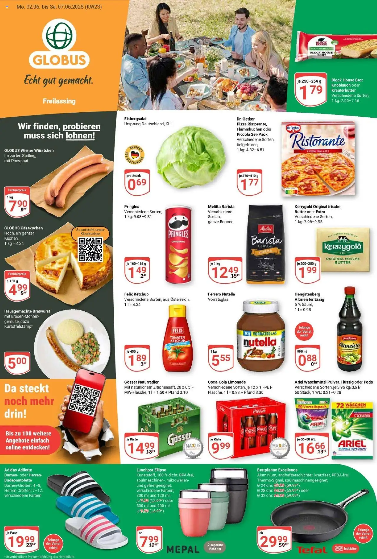 Globus Prospekt ab Montag 01.06.2025 > Prospekt Freilassing - Pizza, Knoblauch, Essig, Tomaten, Eisbergsalat, Ketchup, Kräuterbutter, Melitta