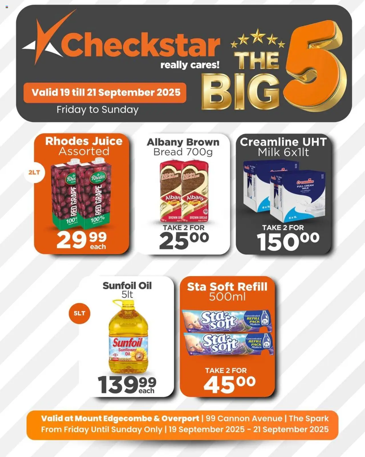 Check Star Mount Edgecombe & Overport Big 5 Deals from 19/09 - 21/09/2025 > Promotions - Milk, Oil, Bread, Juice, Cream