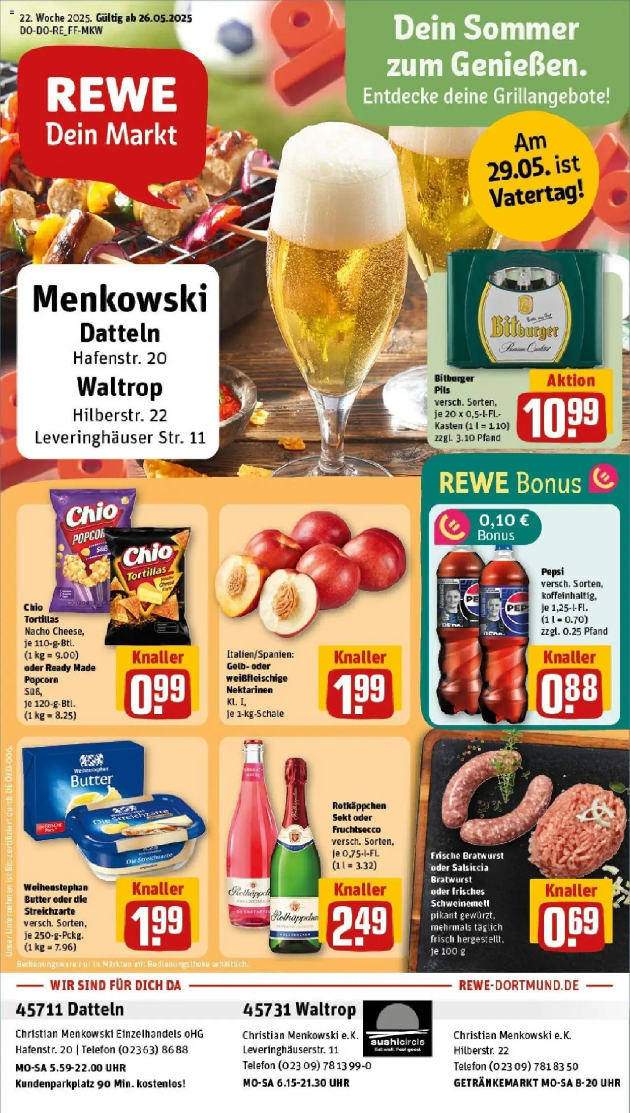 REWE Prospekt ab 25.05.2025 nächste Woche - Prospekt Datteln - Chips, Granatapfel, Bratwurst, Bitburger, Pepsi, Pils, Weihenstephan butter, Rotkappchen sekt