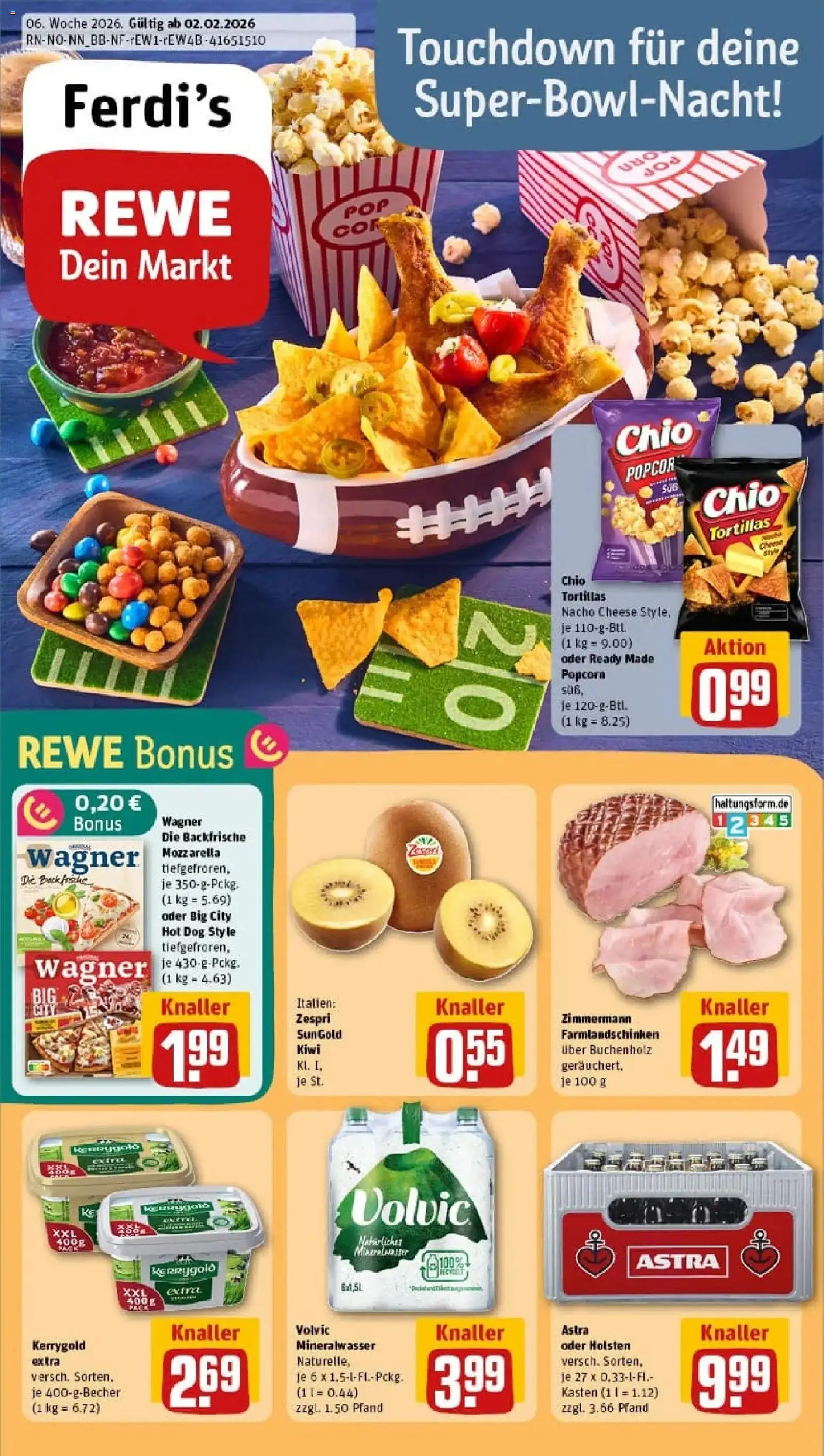 Vorschau von dem Prospekt des Geschäftes Rewe, gültig ab dem 02.02.2026 - Pizza, Butter, Kiwi, Tortillas, Mineralwasser, Astra, Volvic, Holsten