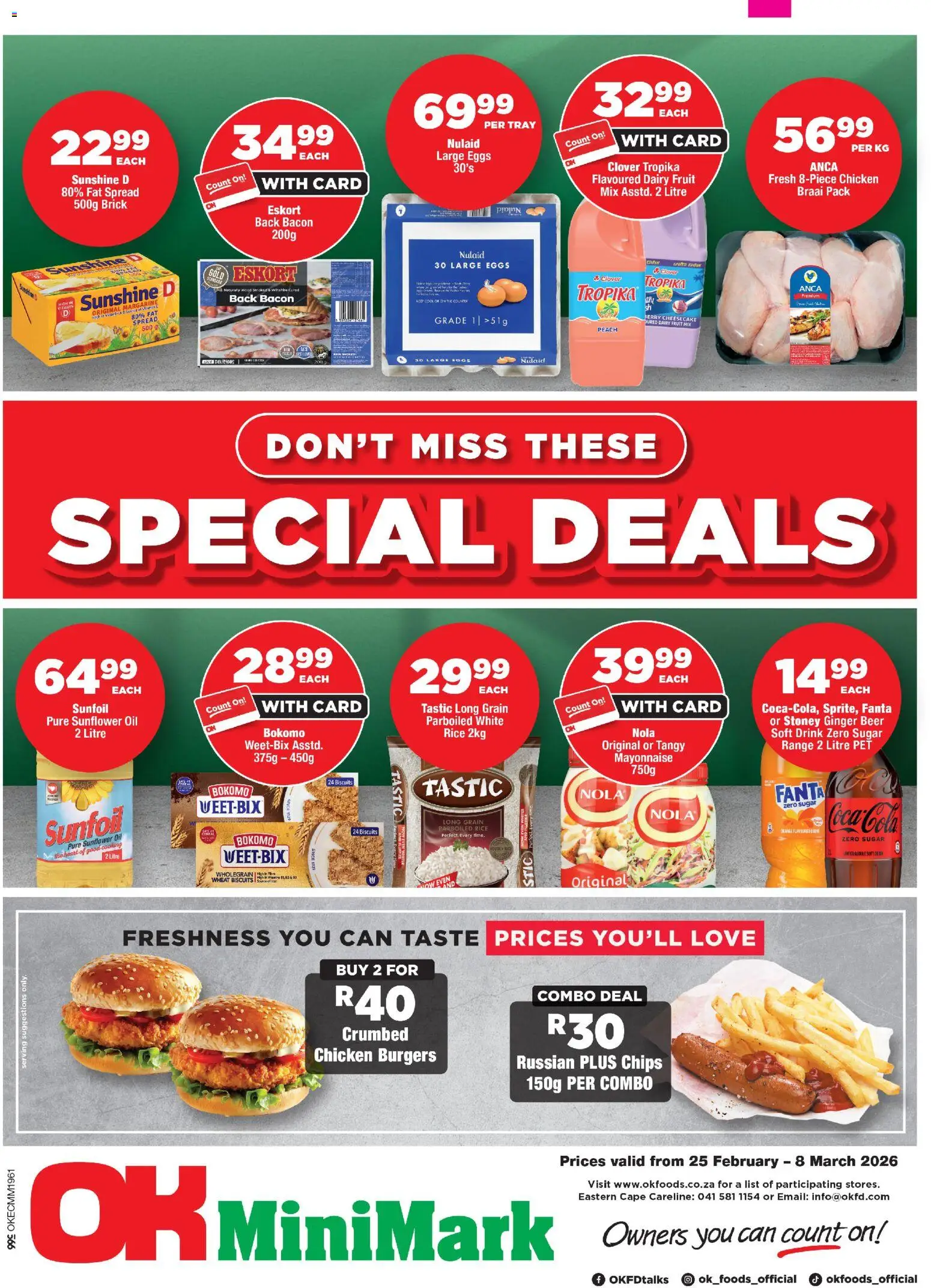Preview of OK Foods flyer valid from 25/02/2026 - Eggs, Fruit, Beer, Bacon, Margarine, Fanta, Stoney, Fat spread