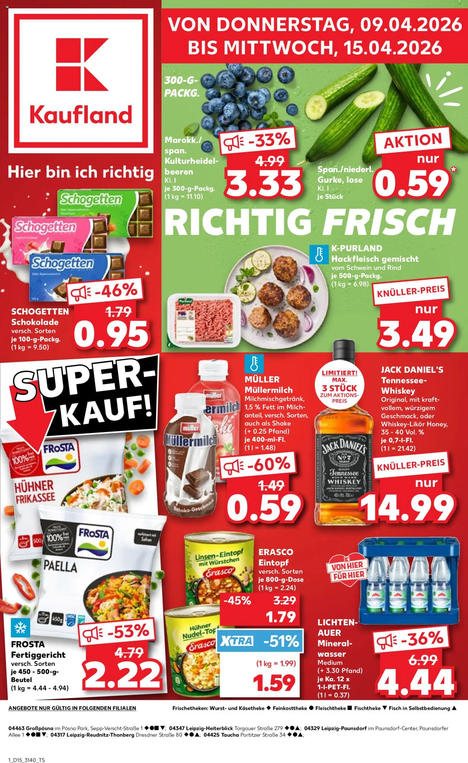 Vorschau von dem Prospekt des Geschäftes Kaufland, gültig ab dem 09.04.2026 - Schokolade, Hackfleisch, Frosta, Whiskey, Müllermilch, Schogetten, Erasco, Muller mullermilch