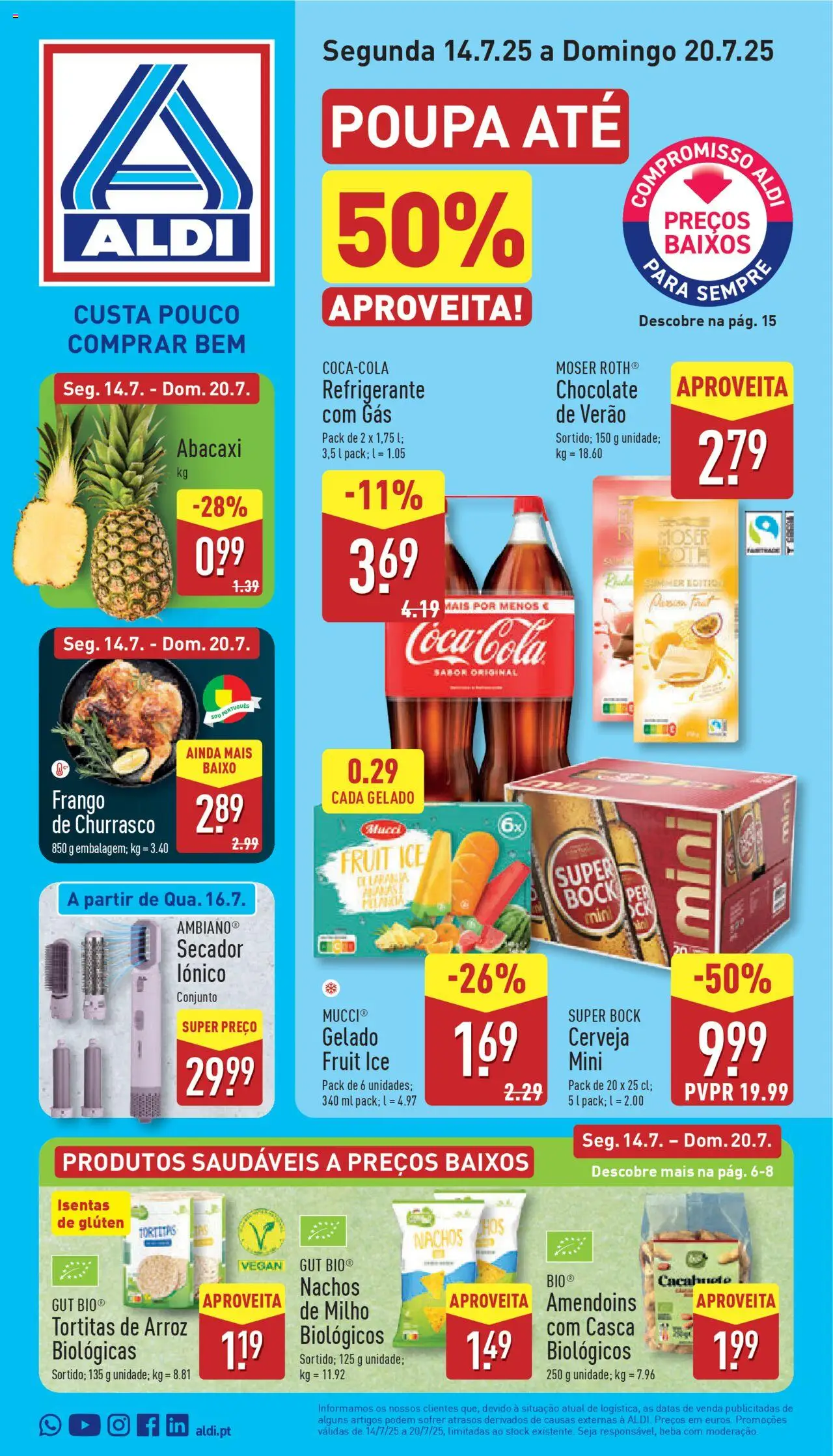 Aldi Folheto de 14/07/2025 - catálogo esta semana - página 1 - Chocolate, Gelado, Frango, Amendoins, Abacaxi, Milho, Secador, Refrigerante
