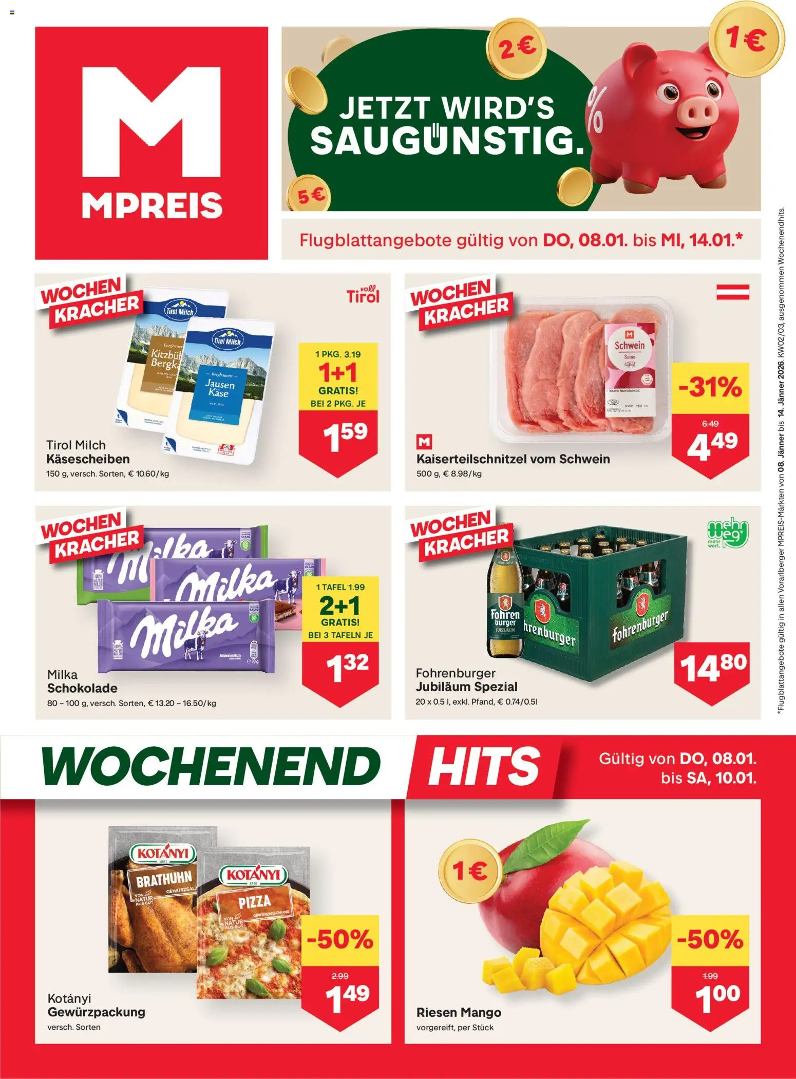 Vorschau der Angebote: MPREIS Vorarlberg gültig ab 08.01.2026 - Pizza, Mango, Burger, Schokolade, Milch, Käse