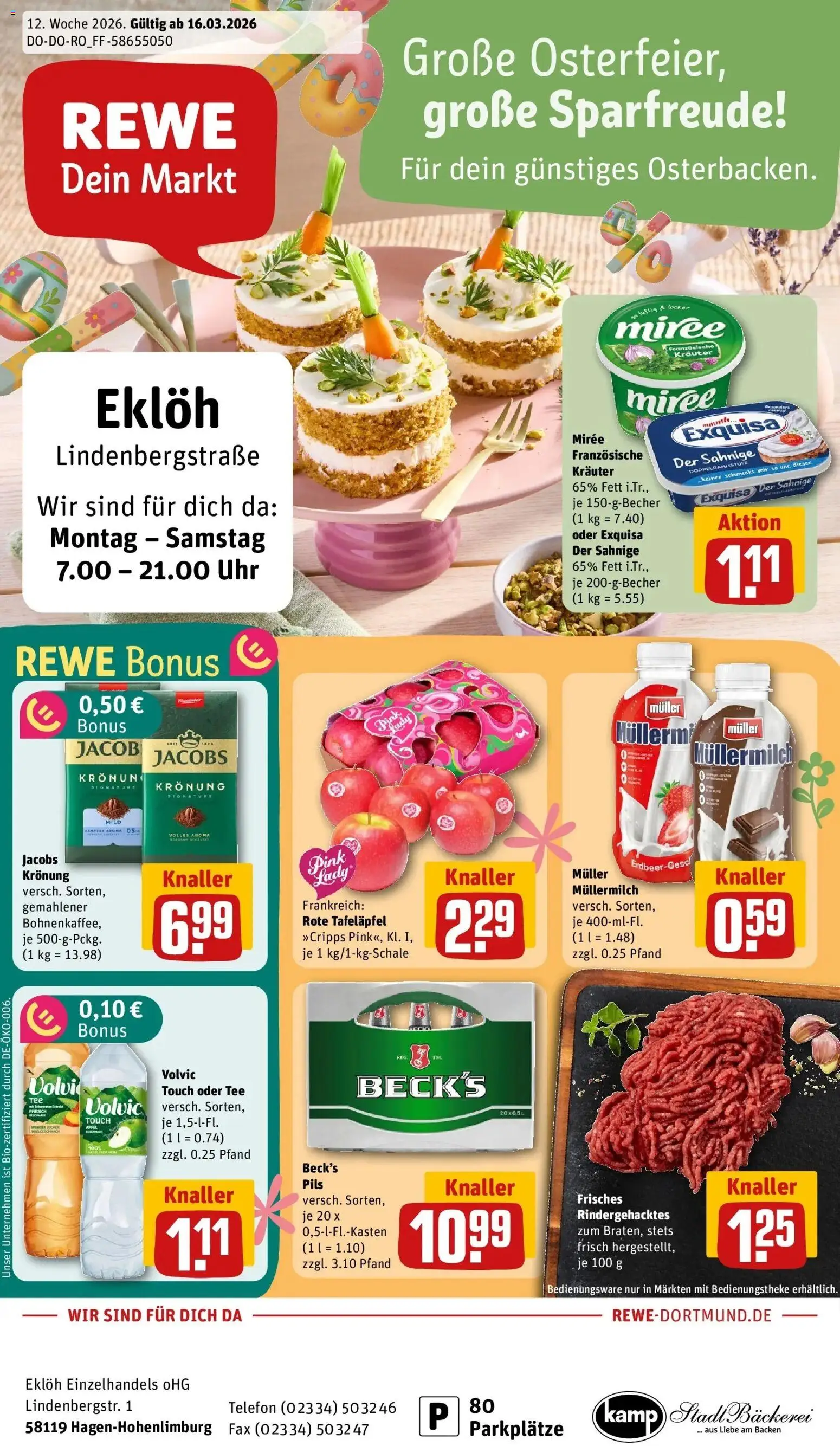 Vorschau von dem Prospekt des Geschäftes Rewe, gültig ab dem 15.03.2026 - Bäckerei, Telefon, Tee, Pfirsich, Müllermilch, Pils, Exquisa, Volvic touch
