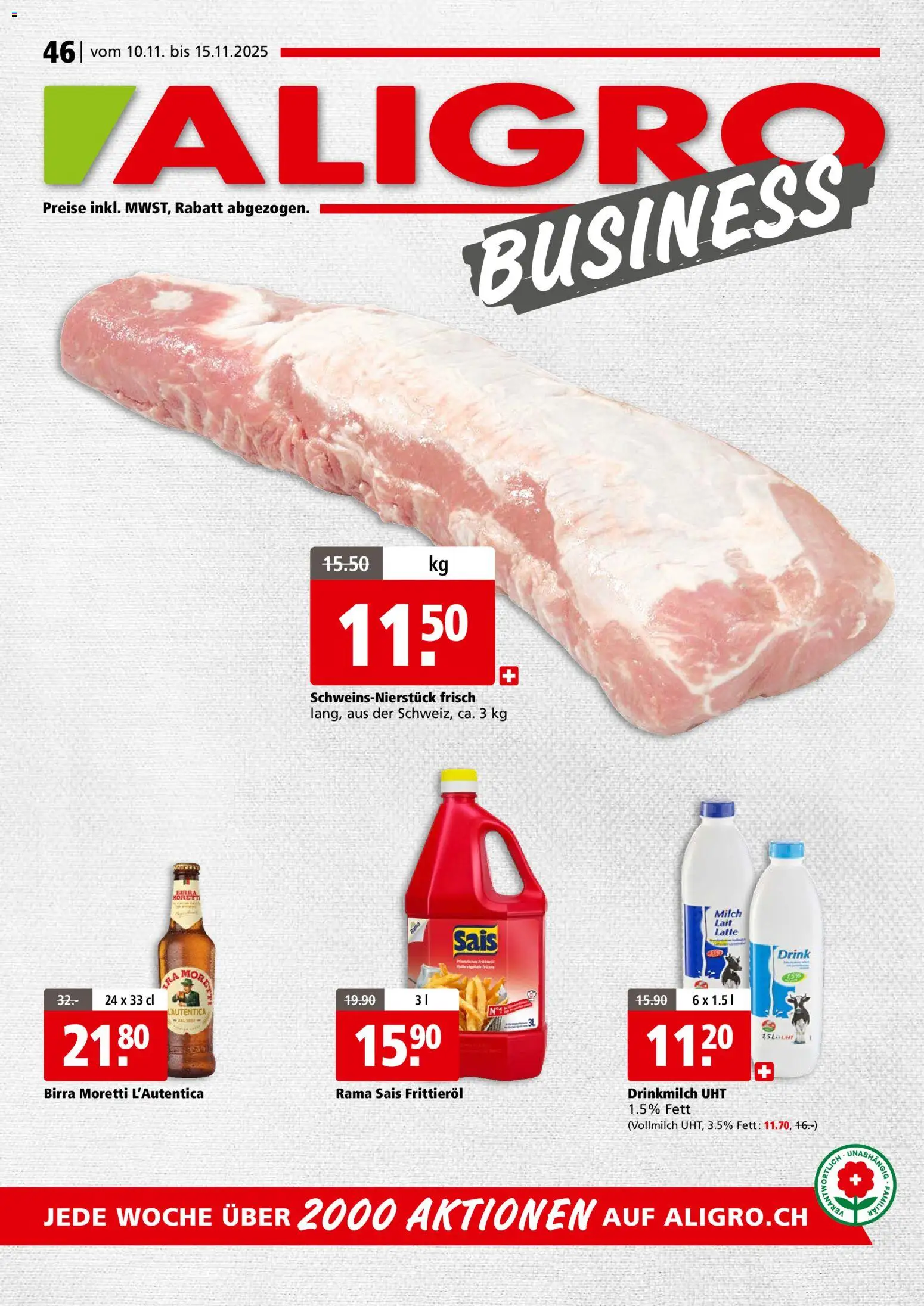 Vorschau des Merkblatts Aktionen Businesskunden - Schlieren, Gossau SG, Frauenfeld, Rapperswil-Jona, Sargans, Bern, Brüttisellen, Pratteln, Emmen, Spreitenbach vom Shop Aligro gültig von 10.11.2025 bis 15.11.2025