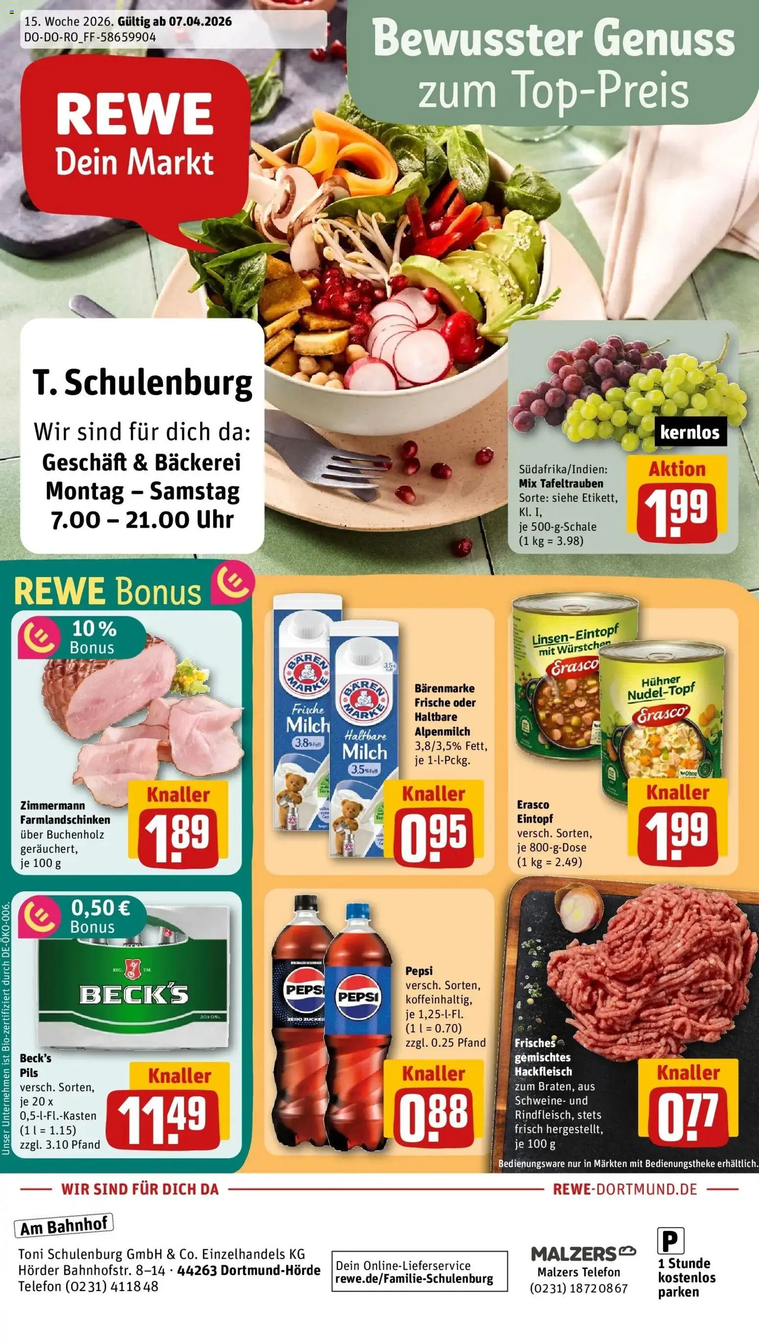 Vorschau von dem Prospekt des Geschäftes Rewe, gültig ab dem 05.04.2026 - Bäckerei, Cola, Milch, Hackfleisch, Zucker, Pepsi, Pils, Erasco