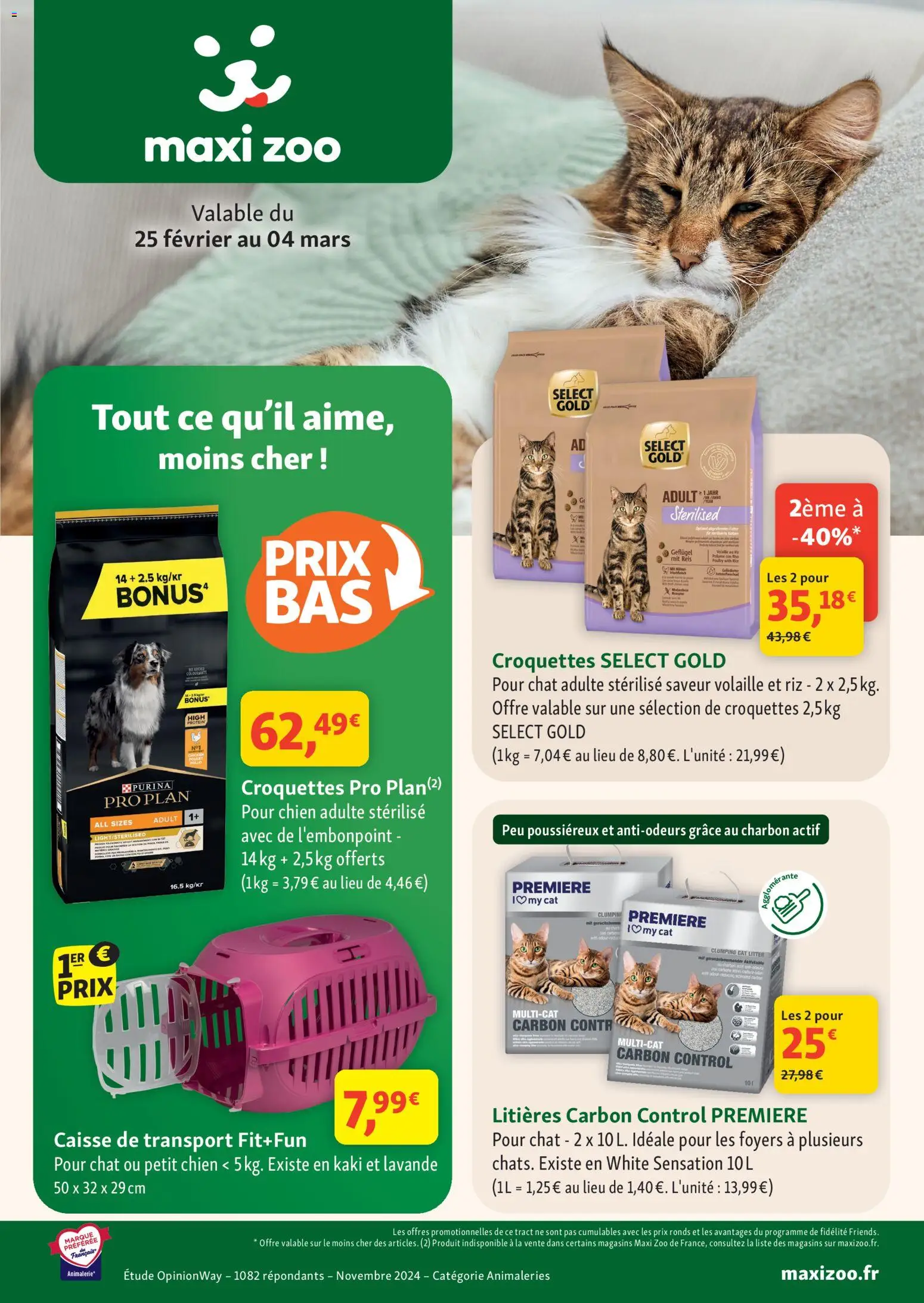 Prévisualisation de Catalogue du magasin Maxi ZOO formulaire valide 25/02/2026 - Poulet, Kaki, Lavande, Riz, Charbon actif, Croquettes, Volaille, Caisse de transport