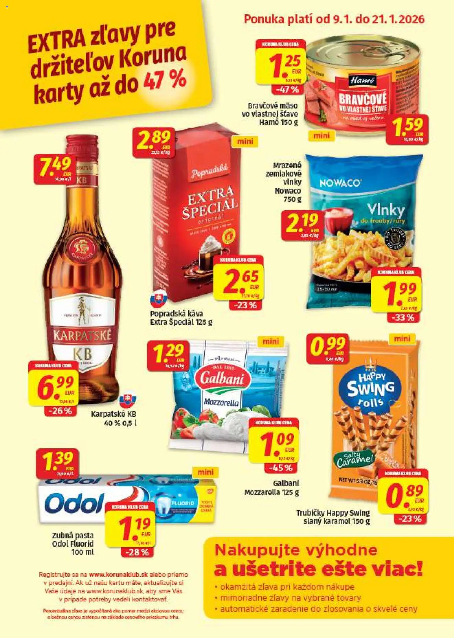Náhľad Koruna letáku platného od 09.01.2026 - Káva, Mäso, Mozzarella, Bravčové mäso, Popradská káva, Zubná pasta