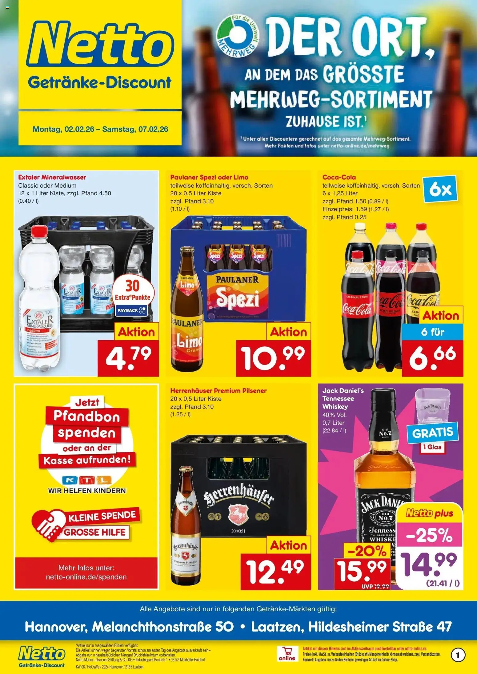 Vorschau von dem Prospekt des Geschäftes Netto Marken-Discount, gültig ab dem 02.02.2026 - Coca cola, Cola, Mineralwasser, Paulaner spezi, Whiskey, Paulaner, Jack Daniel's