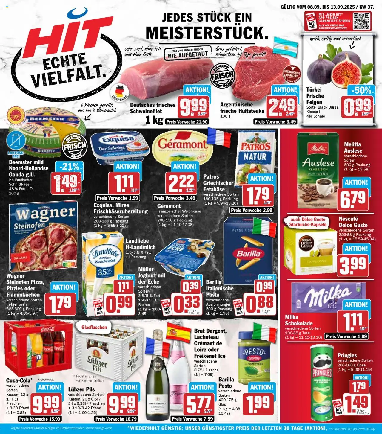 HIT Prospekt ab 08.09.2025 nächste Woche > Wochenprospekt - Milka, Salami, Feigen, Gouda, Nescafe, Geramont, Pils, Exquisa