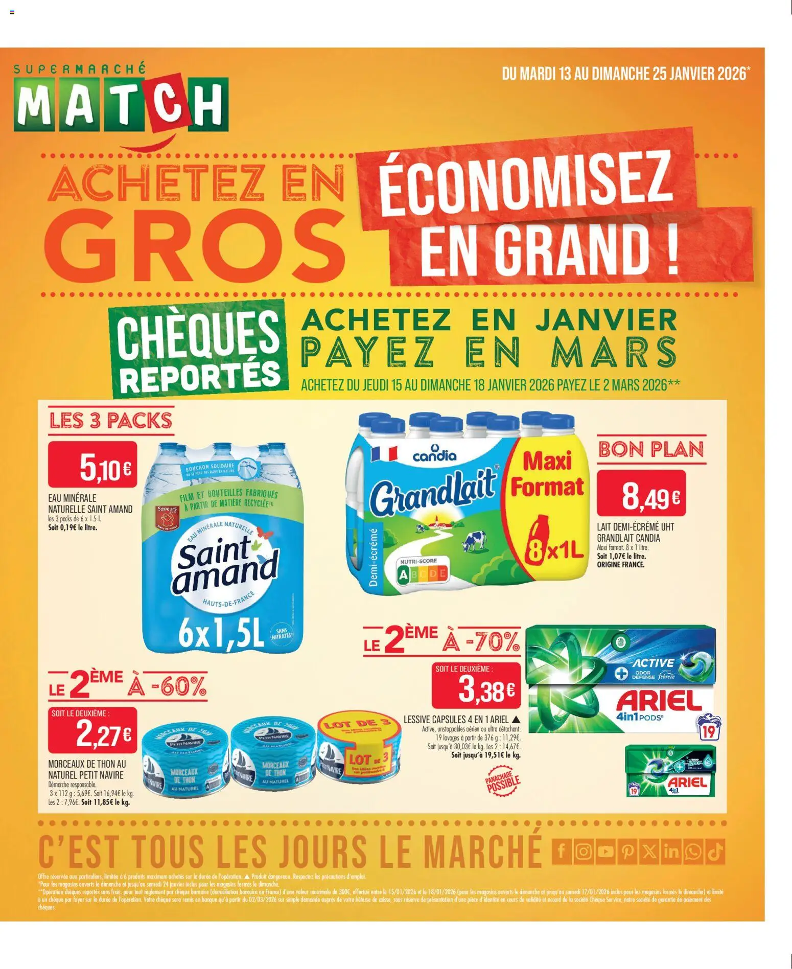 Prévisualisation de Catalogue du magasin Match Supermarché formulaire valide 13/01/2026 - Lait, Thon, Ariel, Lessive, Candia, Eau minérale, Eau minérale naturelle, Thon au naturel