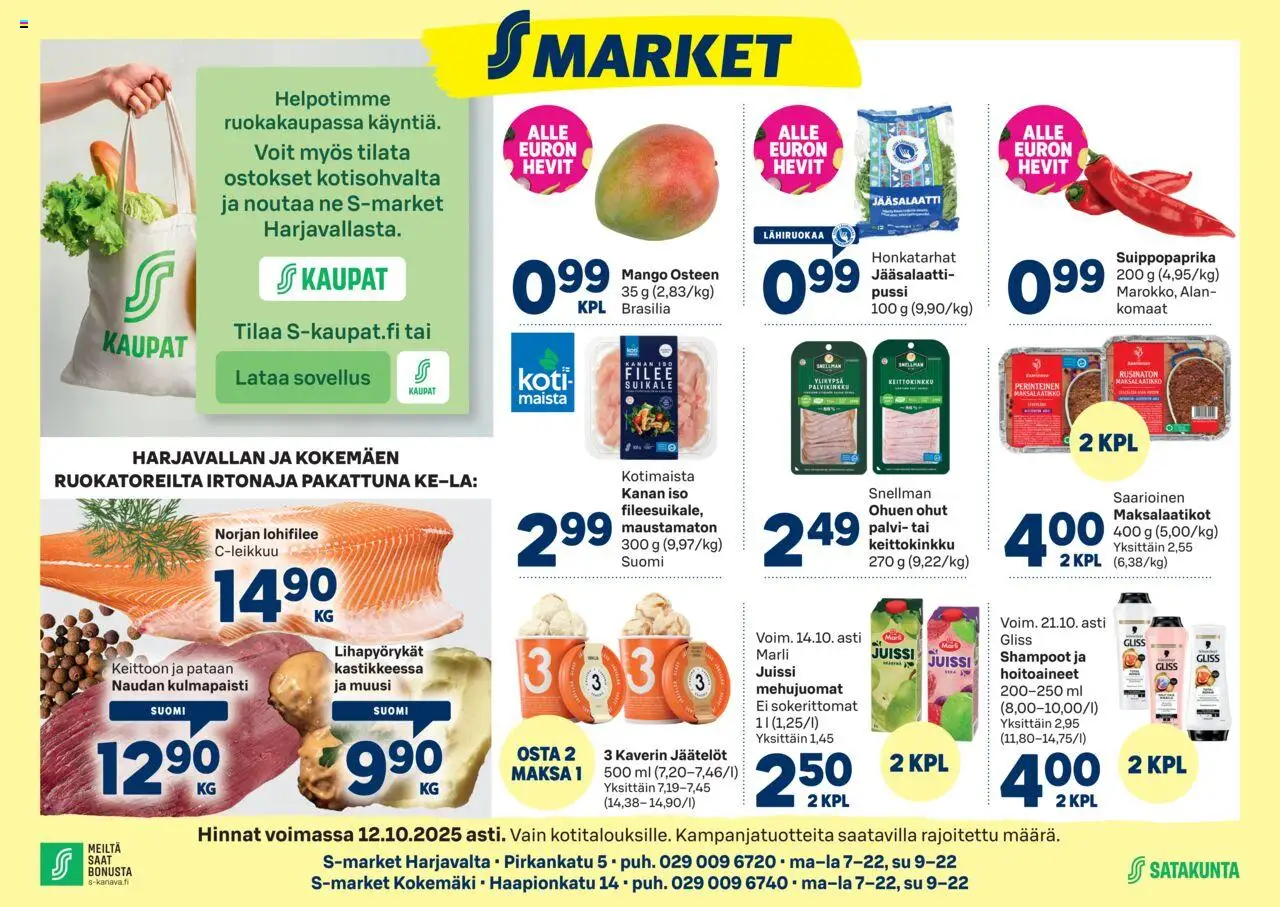 S-market-kaupan Harjavalta voimassa 08/10/2025 - Sivulla 1 - Mango, Shampoo