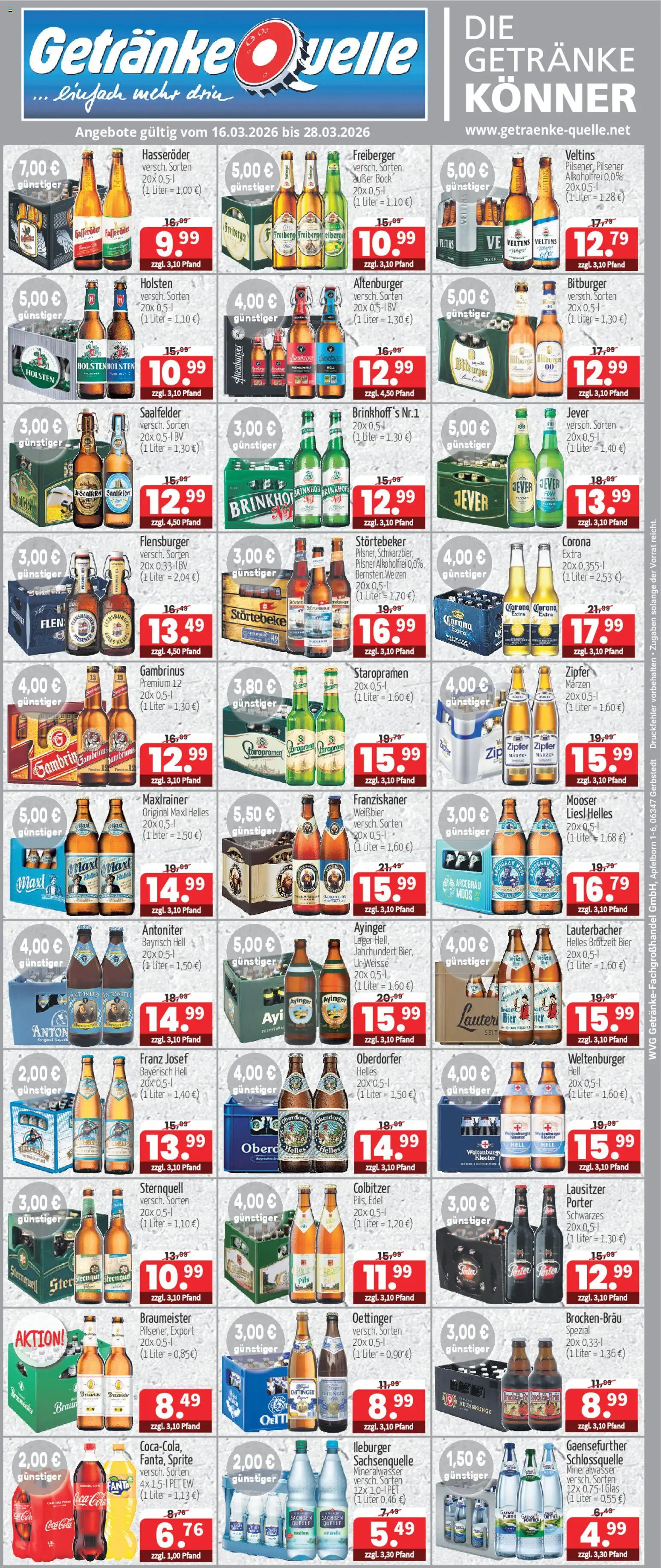 Vorschau von dem Prospekt des Geschäftes Getränke Quelle, gültig ab dem 16.03.2026 - Flensburger, Bier, Veltins, Sprite, Oettinger, Franziskaner, Weißbier, Holsten