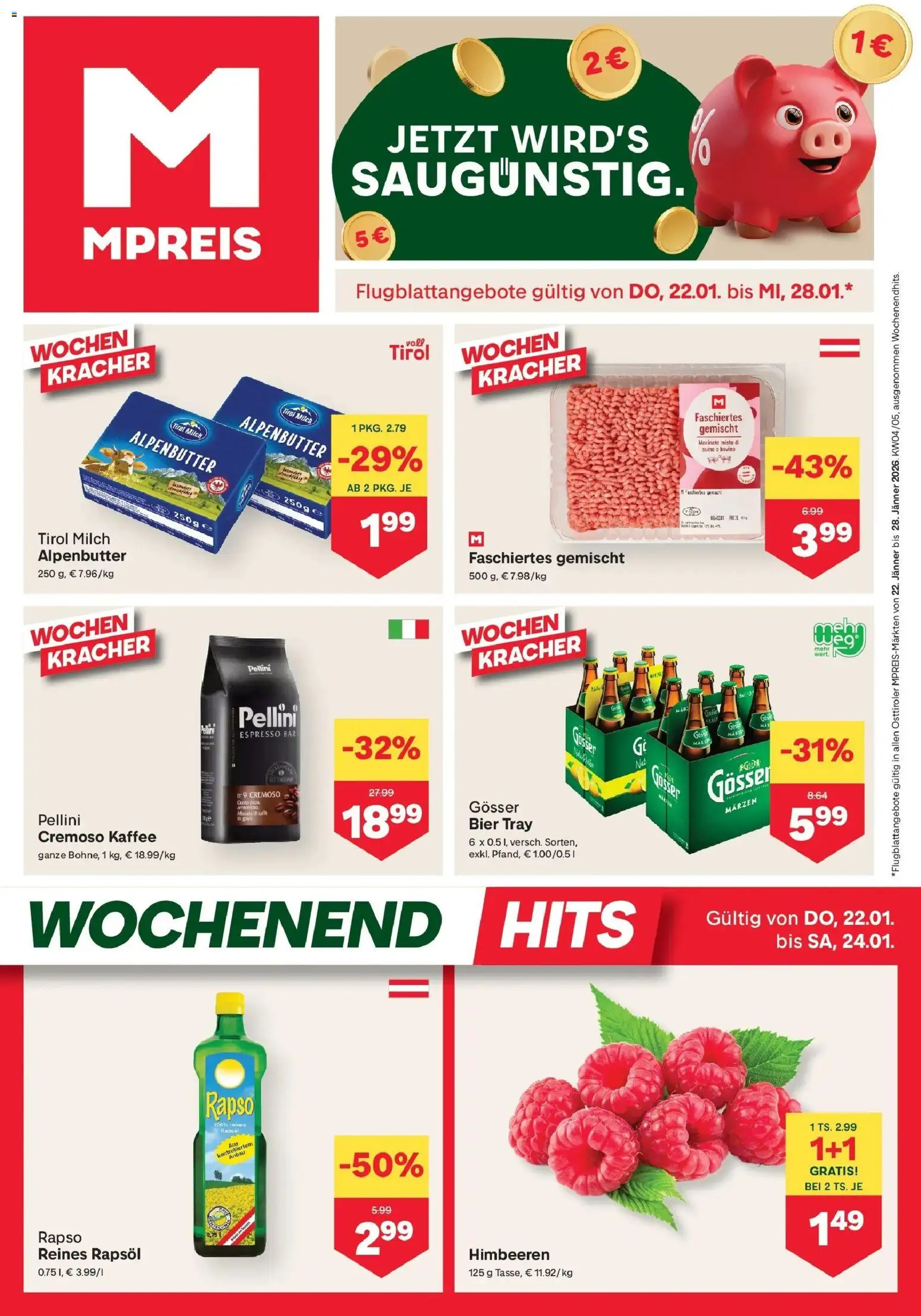 Vorschau der Angebote: MPREIS Sillian gültig ab 22.01.2026 - Kaffee, Bier, Milch, Rapsöl