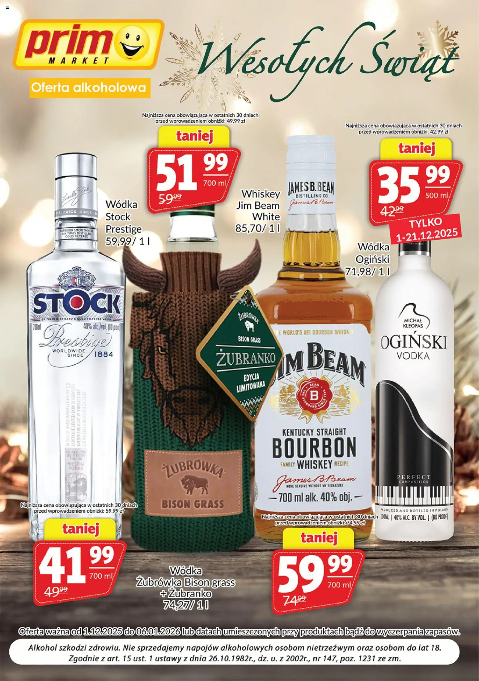 Pogląd gazetki "Oferta alkoholowa" ze sklepu Prim Market ważnej od 01.12.2025 - Alkohol, Jim Beam, Wódka, Bourbon, Żubrówka, Ogiński, Vodka