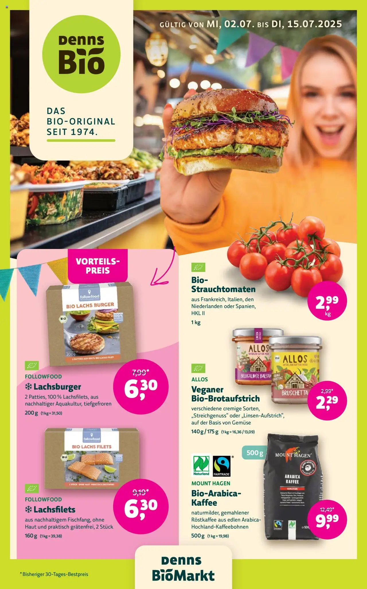  Denns BioMarkt Angebote ab (02.07.2025 - 15.07.2025) - Seite 1 - Burger, Kaffee, Gemüse