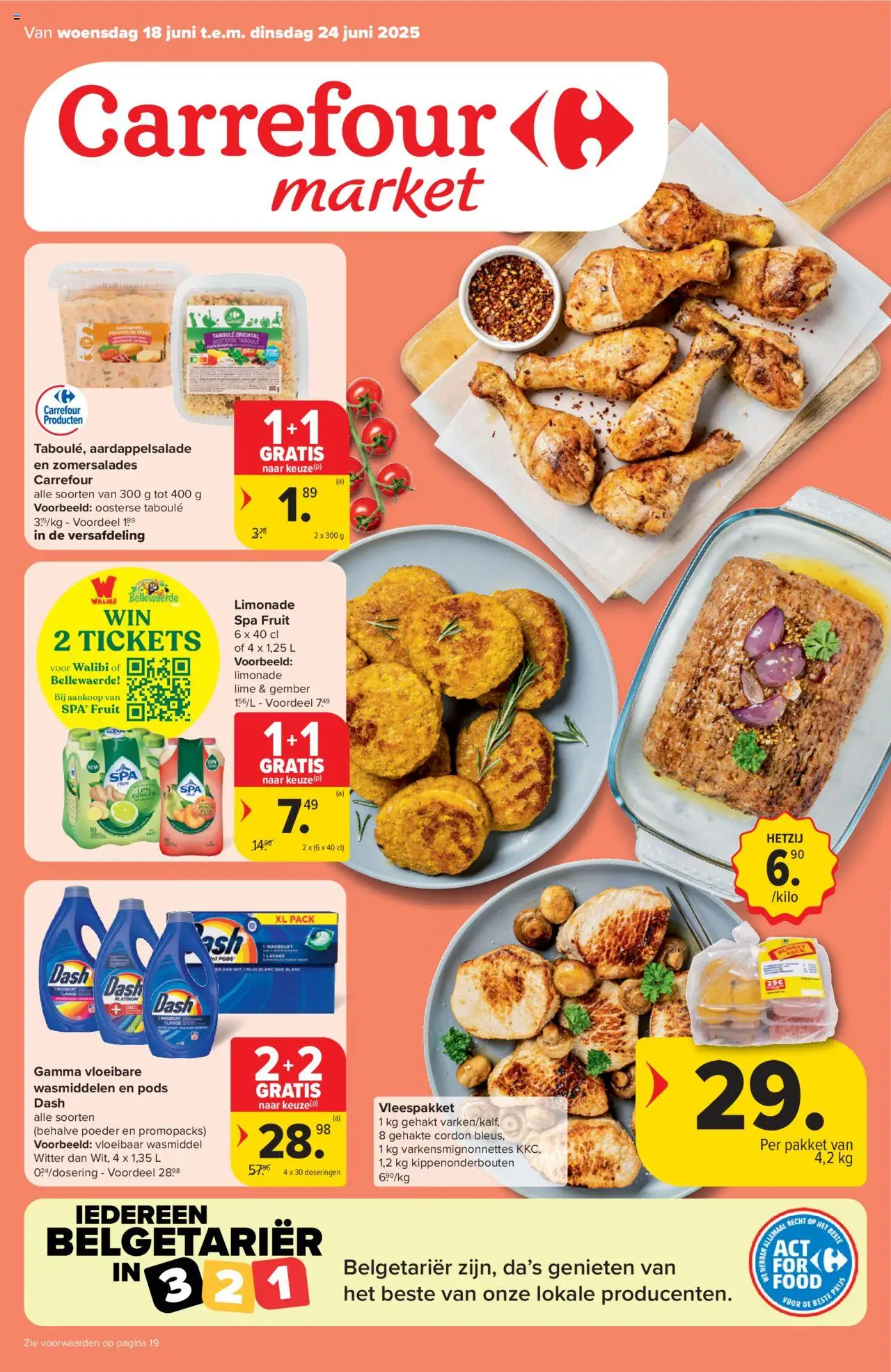 Carrefour market shop Folder week 25 geldig vanaf 18/06/2025 - Paginanummer 1 - Gehakt, Limonade, Fruit, Gember, Poeder, Aardappel, Vloeibaar wasmiddel, Wasmiddel