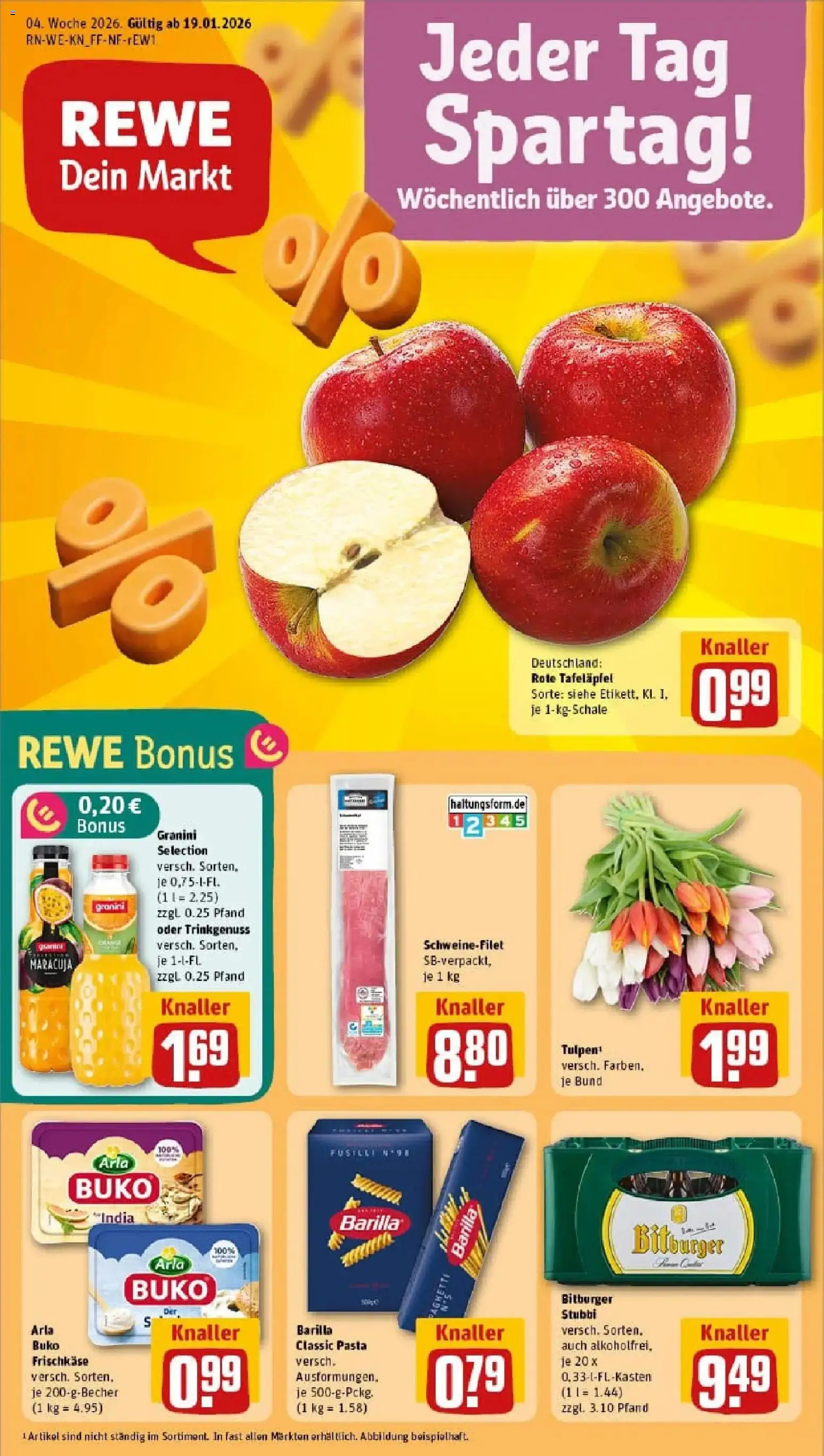 Vorschau von dem Prospekt des Geschäftes Rewe, gültig ab dem 19.01.2026 - Pasta, Schweinefilet, Barilla, Bitburger, Granini, Arla buko, Frischkase