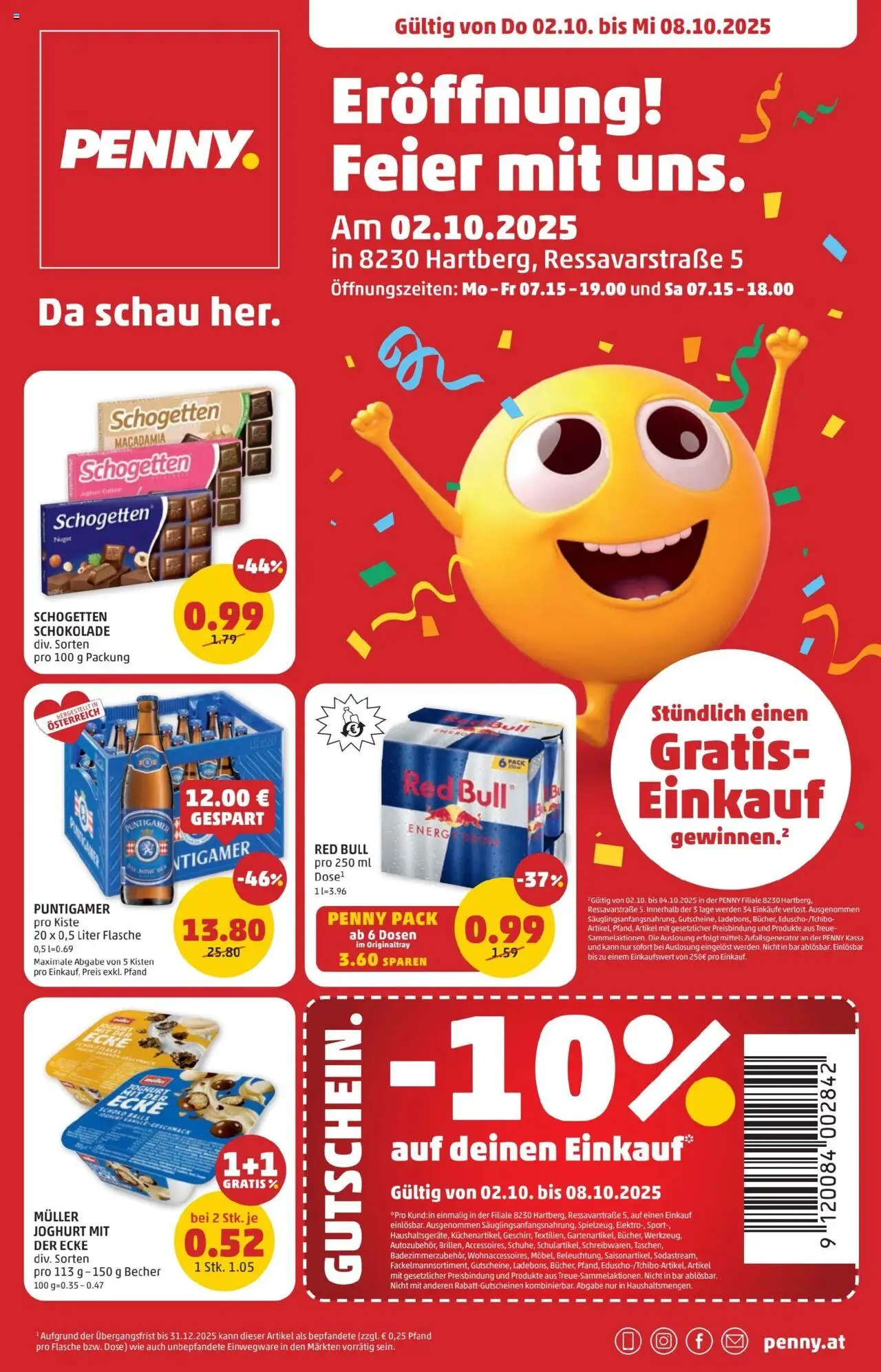  PENNY Flugblatt 02.10.2025 - Angebote "Eröffnung in 8230 Hartberg" - Seite 1 - Schokolade, Joghurt