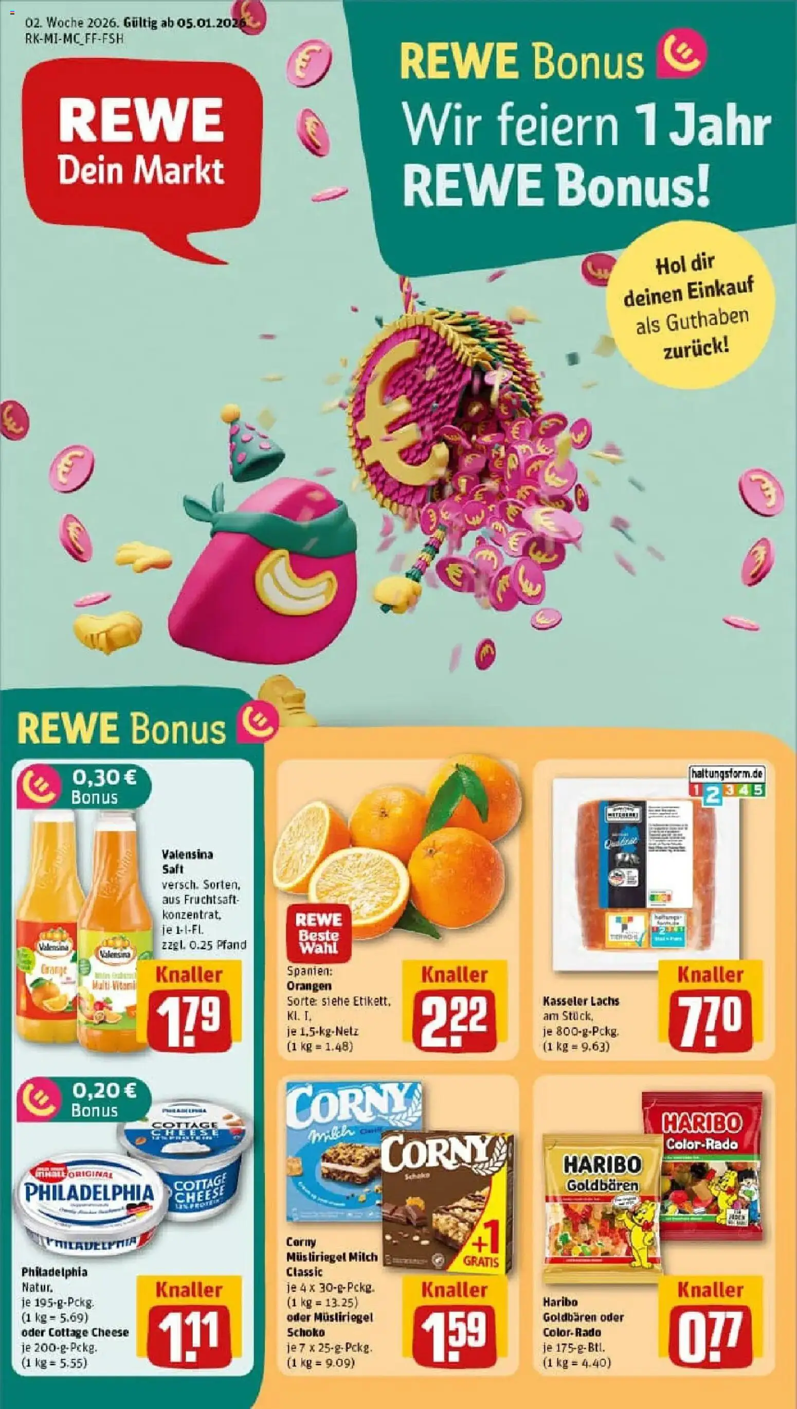 Vorschau von dem Prospekt des Geschäftes Rewe, gültig ab dem 04.01.2026 - Haribo, Philadelphia, Lachs, Milch, Saft, Orangen, Valensina, Fruchtsaft