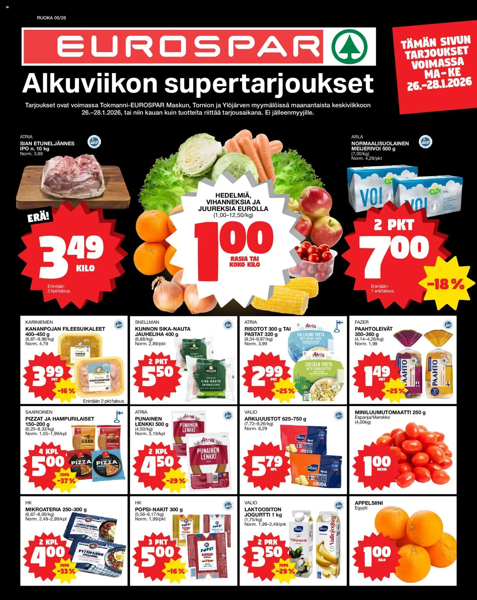 Kaupan Tokmanni EUROSPAR esikatselu, voimassa 26/01/2026 - Pizza, Pasta, Jauheliha, Kana, Halloumi, Juusto, Pihvi, Jogurtti