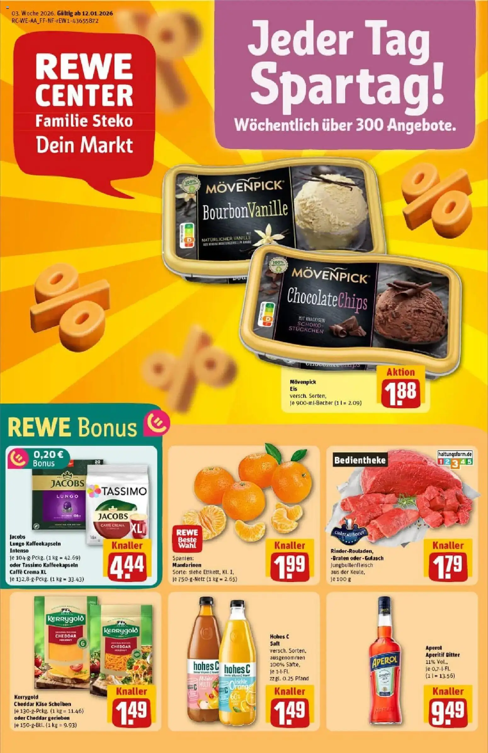 Vorschau von dem Prospekt des Geschäftes Rewe, gültig ab dem 11.01.2026 - Käse, Aperol, Gulasch, Hut, Vanille, Mandarinen, Movenpick eis, Hohes c