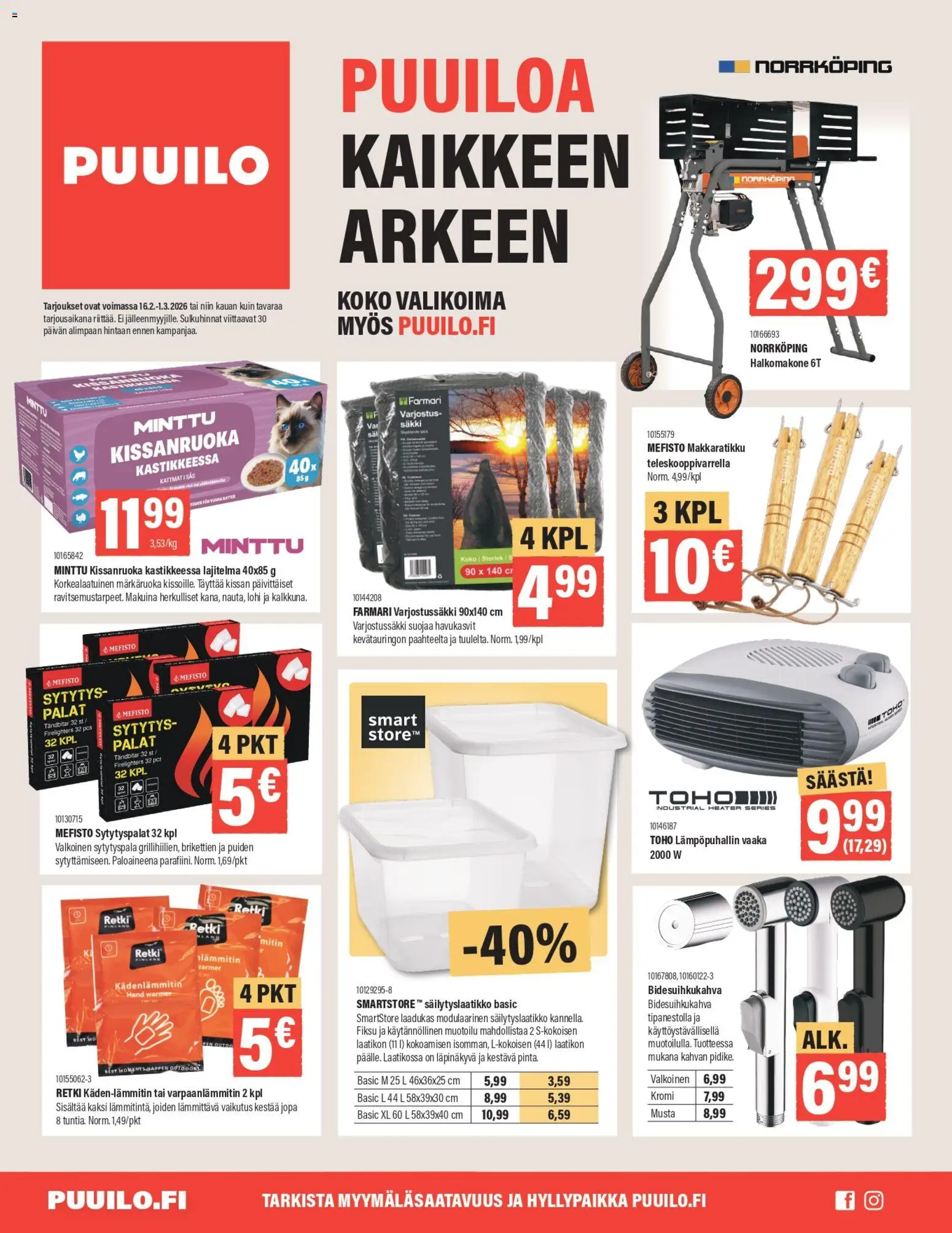 Kaupan Puuilo Tarjoukset esikatselu, voimassa 16/02/2026 - Lohi, Vaaka, Minttu, Kissanruoka, Hattu