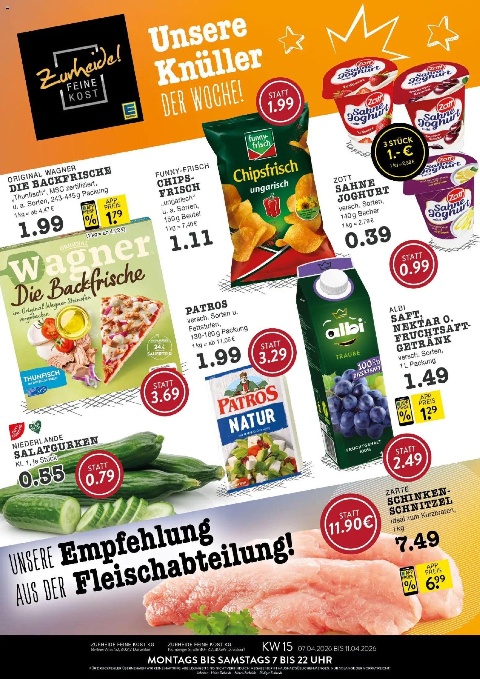 Vorschau von dem Prospekt des Geschäftes Edeka Zurheide, gültig ab dem 07.04.2026 - Chips, Schnitzel, Mascarpone, Berliner, Zitrone, Zwiebeln, Patros, Fruchtsaft