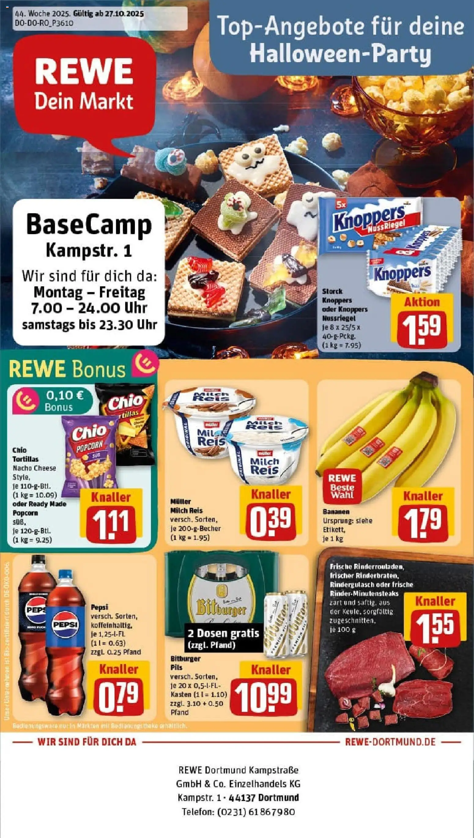 Vorschau von dem Prospekt des Geschäftes Rewe, gültig ab dem 26.10.2025 - Uhr, Telefon, Bananen, Milch, Reis, Rindergulasch, Knoppers, Pils